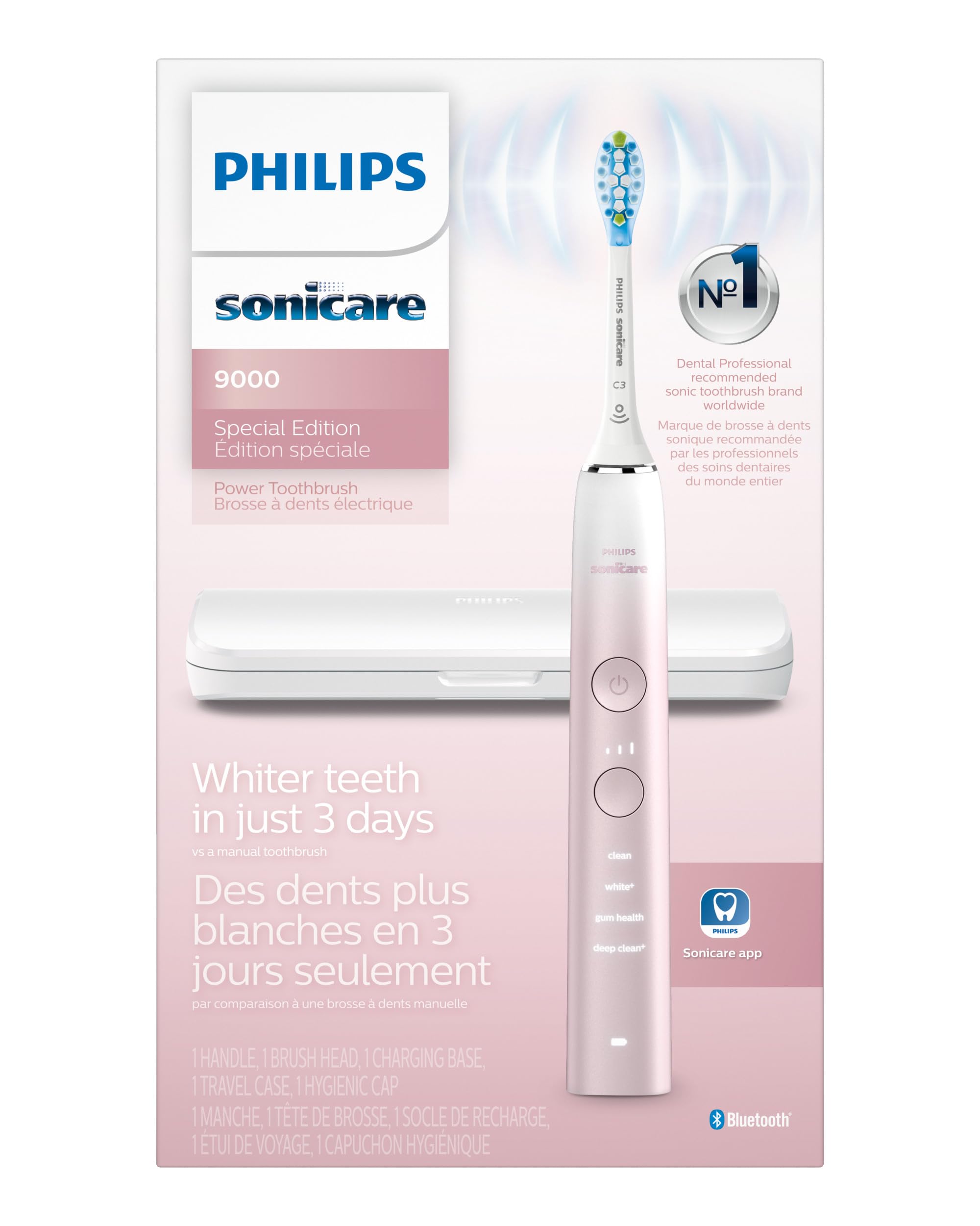 Philips Sonicare DiamondClean 9000 Special Edition Rechargeable Electric Toothbrush - HX9911/90 in White & Pink | Professional Teeth Cleaning for Whitening, Plaque Removal & Gum Care | Perfect for Travel & Home Use
