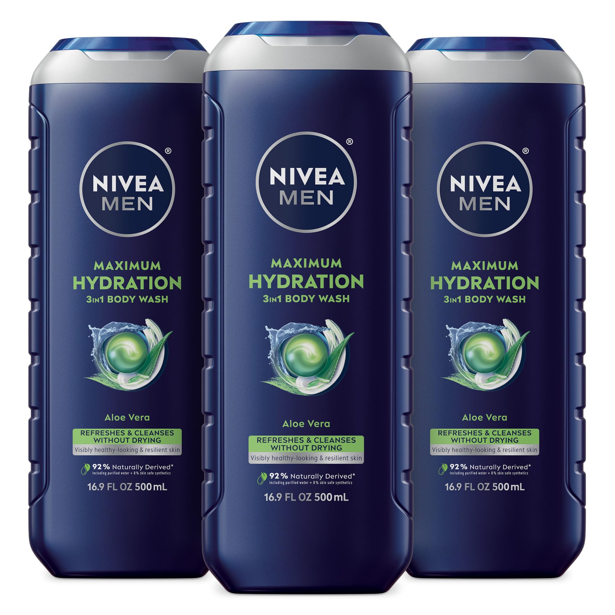 NIVEA MEN Maximum Hydration 3-in-1 Body Wash for Dry Skin with Aloe Vera - Face, Hair & Body Moisturizer - Paraben Free & Vegan Formula - 16.9 Fl Oz (Pack of 3) - Ideal for Gym, Travel & Daily Shower Routine