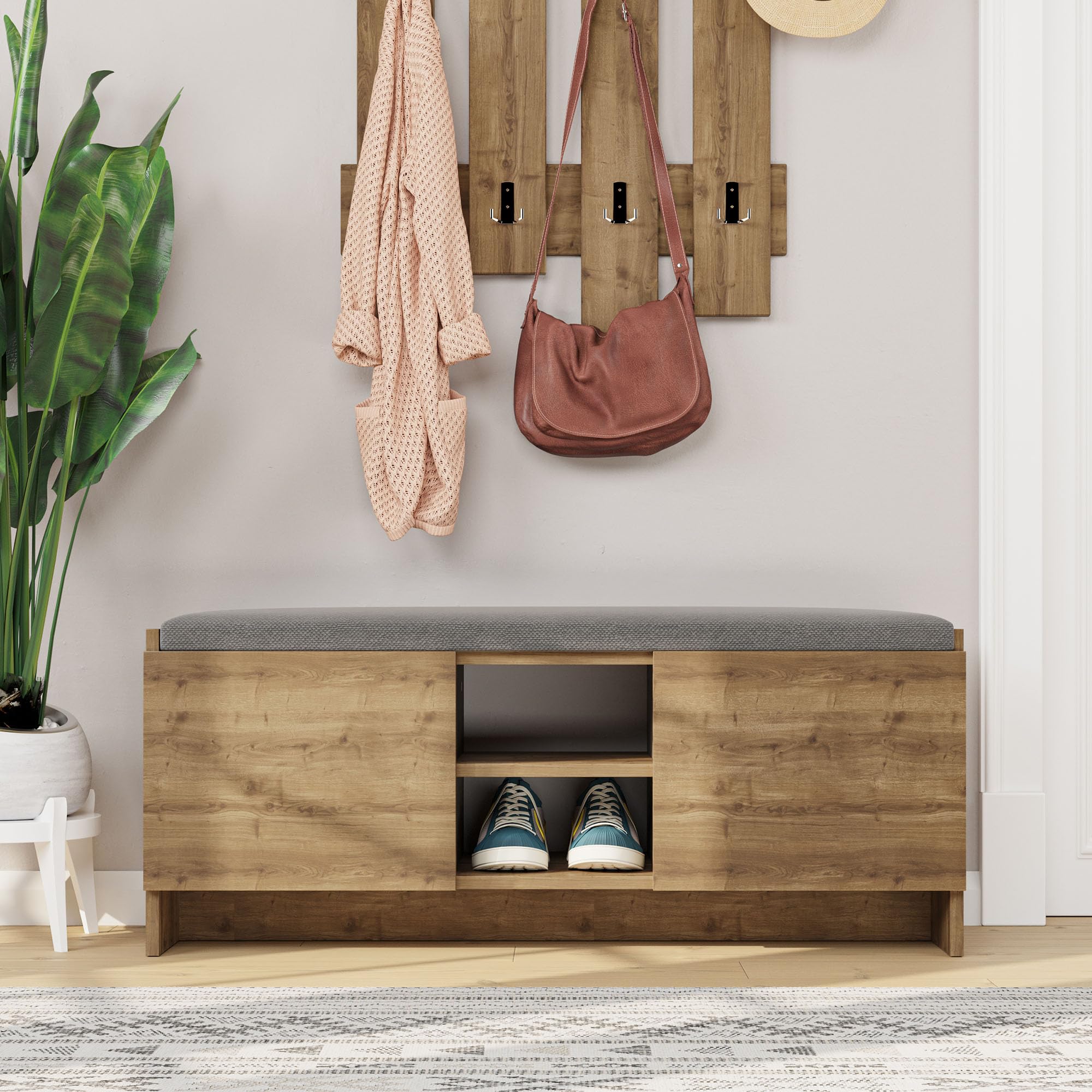 Rustic Walnut Shoe Storage Cabinet with Shelves and Bench - 43