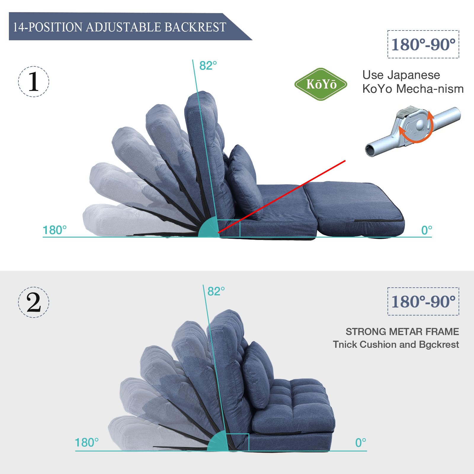 FLOGUOR Adjustable Floor Sofa Chair with 2 Pillows - 14-Position Reclining Folding Chaise Lounge for Adults - Removable Cover & Sturdy Metal Frame - Perfect for Bedroom, Living Room, Apartment & Small Spaces - Great for Lounging, Reading, TV Watching & Relaxing