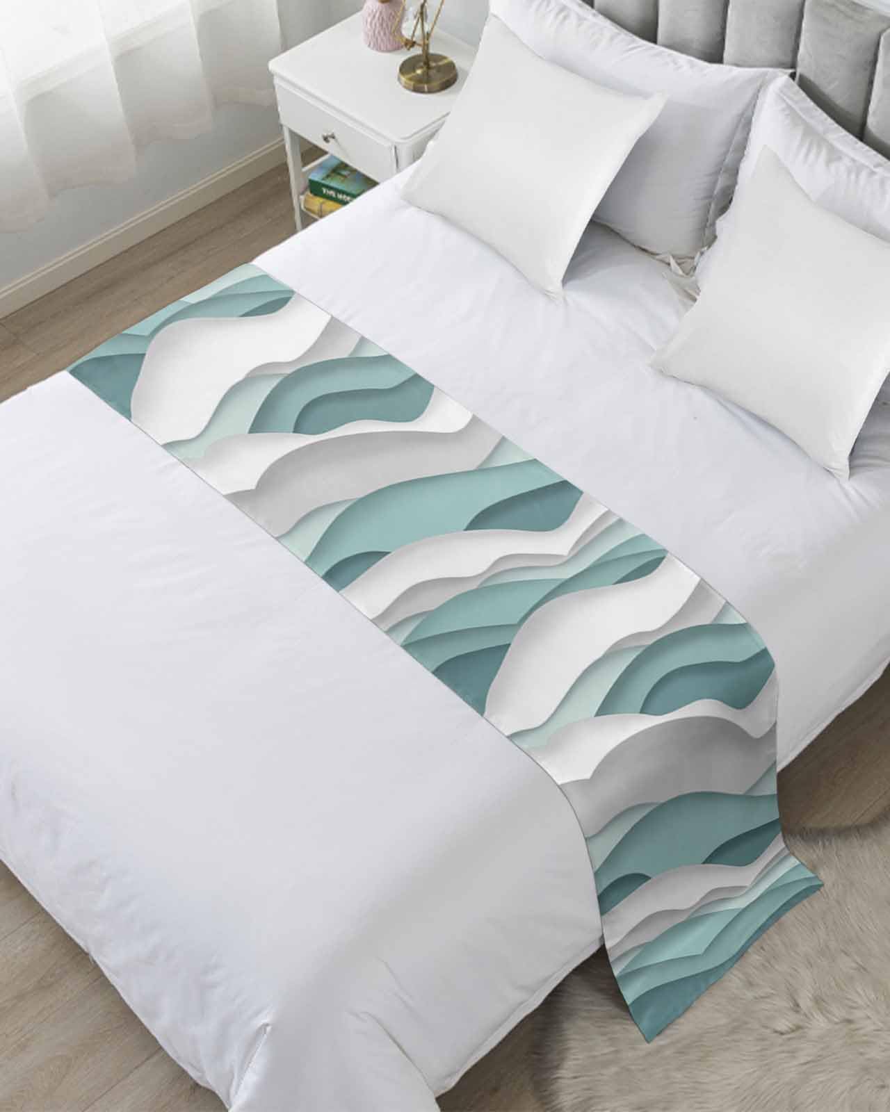 King Size Bed Runner - 94 x 20 Inch Teal Ombre Geometric Bed Scarf Throw for Foot of Bed, Luxury Moire Abstract Art Bedding Protector Slipcover for Hotels & Home Decor | Perfect for Master Bedroom, Guest Room & Airbnb Styling
