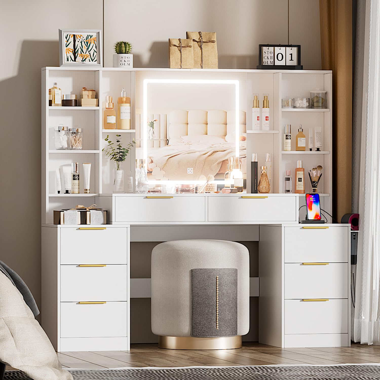 Large Makeup Vanity Desk with LED Lighted Mirror & Power Outlet, Brightness Adjustable Dresser Table with 3 Lighting Modes, 5 Drawers & Shelves, Hair Dryer Stand for Bedroom, White (No Stool) - Perfect for Home Salon, Bridal Dressing & Beauty Routine