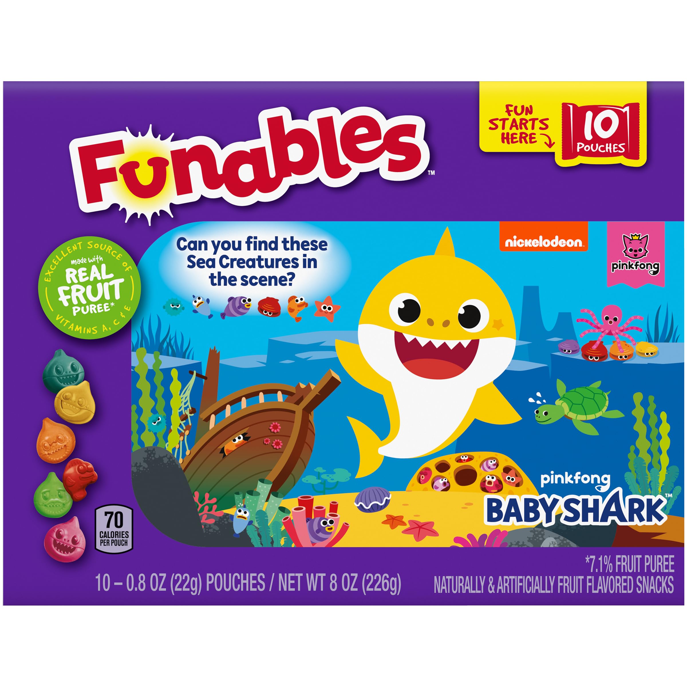 **Funables Baby Shark Assorted Fruit Flavored Snacks - 0.8 oz (10 Count) - Healthy Kids Snacks for Lunchboxes, School, and On-the-Go**