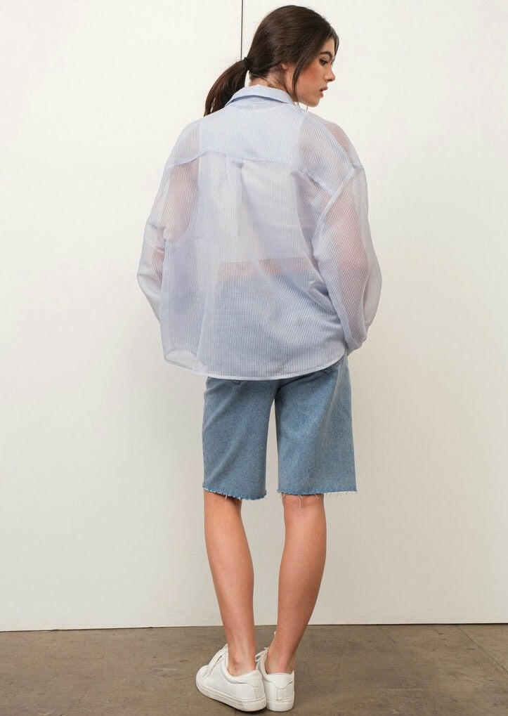 Sheer Striped Button Up Shirt for Women - Lightweight Summer Blouse with Long Sleeves - Perfect for Office, Casual Outfits and Beach Cover-Up