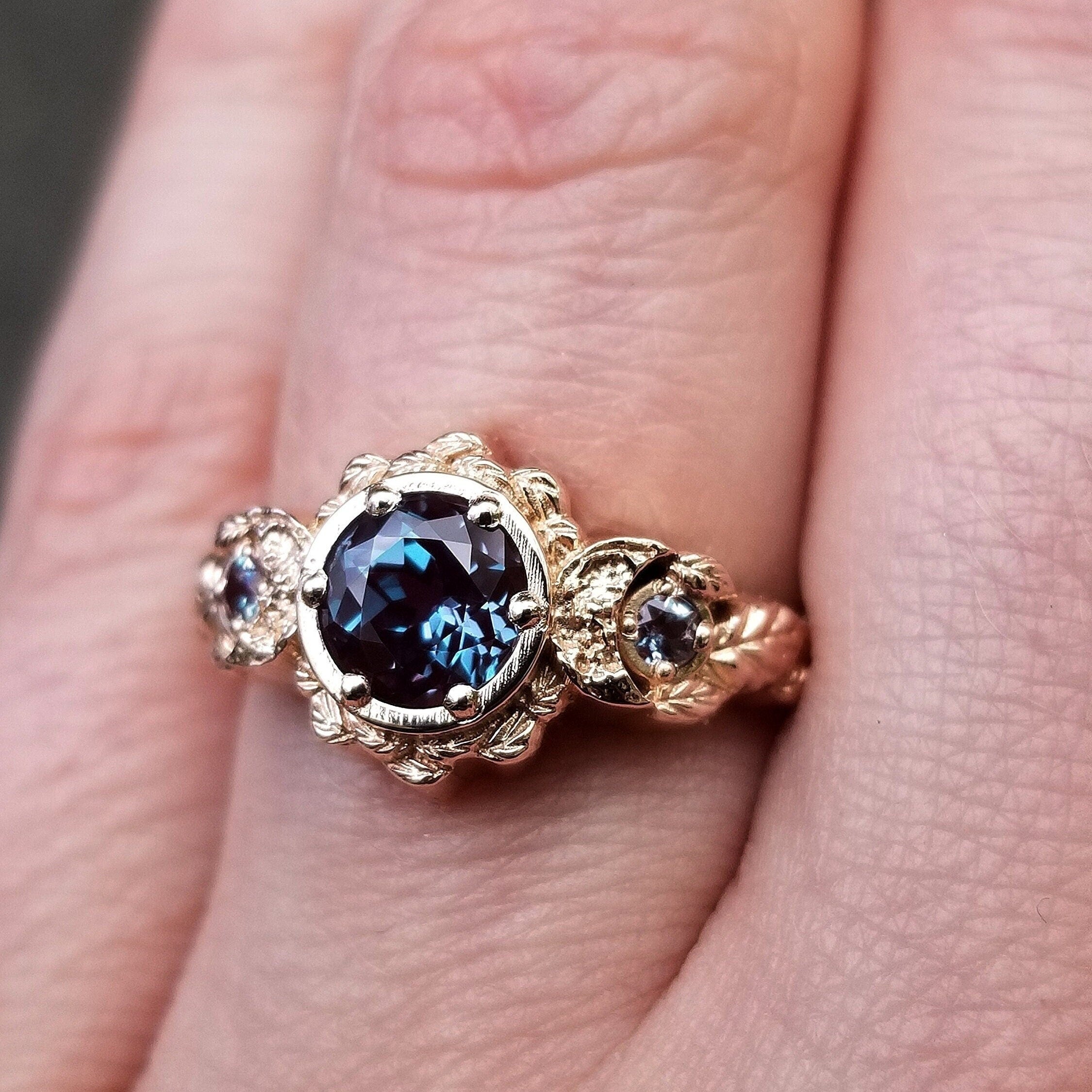 14K Rose, Yellow or White Gold Chatham Alexandrite Leaf & Crescent Moon Ring – Nature-Inspired Antique Engagement Ring for Wedding, Proposal & Anniversary Gifts