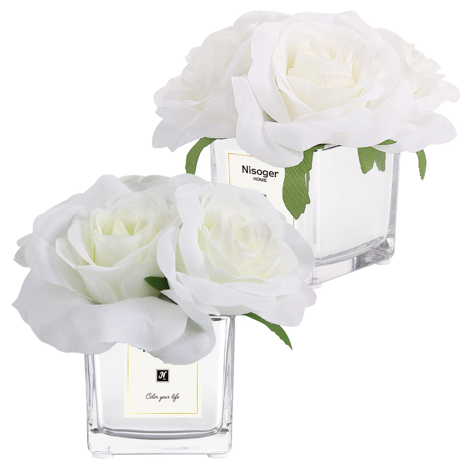 Nisoger 2 Pack Artificial Silk Roses in Vase - Realistic Fake Flower Arrangement for Home Office Decor, Dining Table Centerpiece, Wedding & Party Decoration