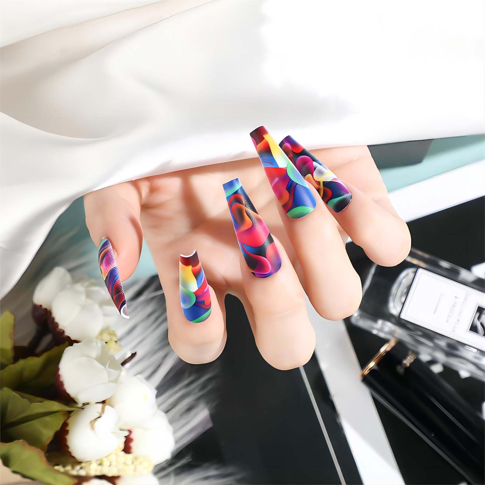 24Pcs Acrylic Press on Nails Long Coffin Fake Nails with Glue - Water Ripple Rainbow Designs Full Cover Artificial Nails for Women, Salon & Party Use