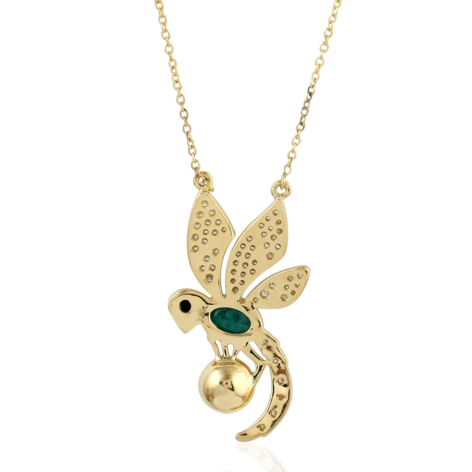 18K Yellow Gold Oval Cut Emerald Bezel Pearl Pave Diamond Dragonfly Necklace - Elegant Jewelry for Women, Perfect for Weddings, Anniversaries & Special Occasions