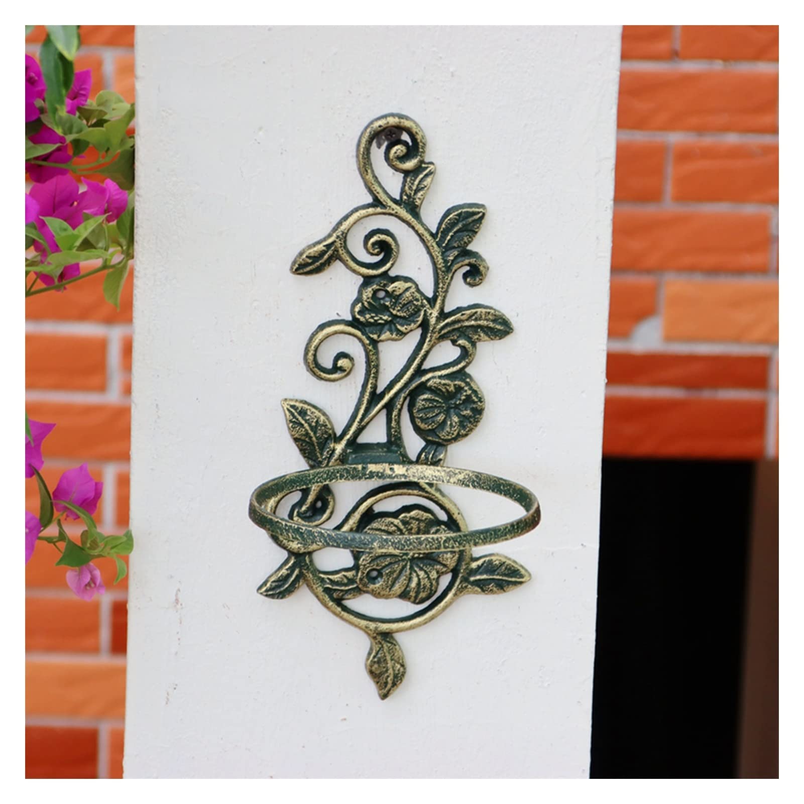 Floral Pattern Wall Planter Holder Ring - Cast Iron Wall Mounted Plant Stand for Indoor/Outdoor Use - Decorative Flower Pot Rack Display Shelf for Home Garden, Balcony & Patio Decor