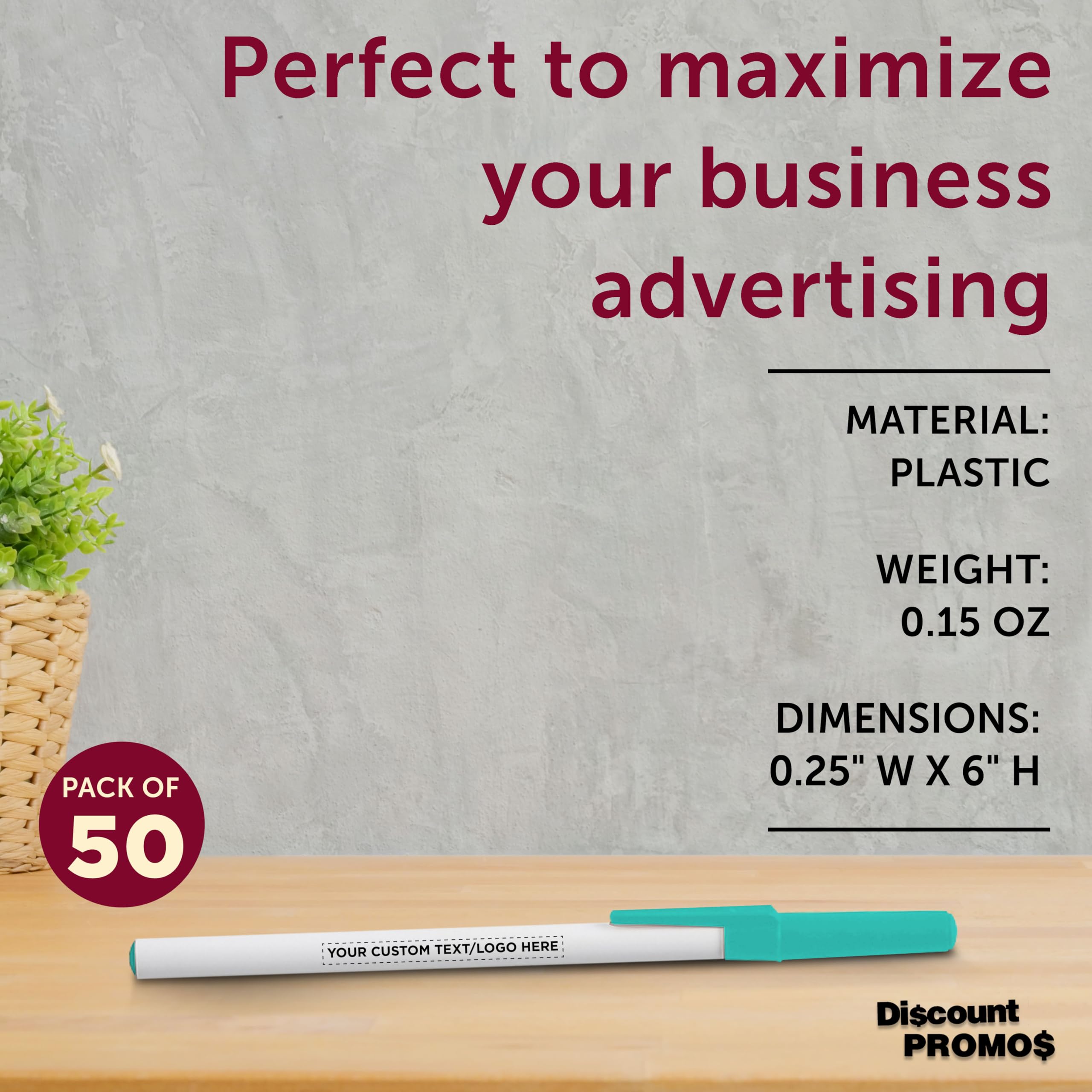 Custom Printed Bulk Pack of 50 Black Ink Stick Pens - Personalized Promotional Pens for Office, School, Business, Tradeshows & Events - Perfect for Branding, Giveaways & Corporate Gifts (Teal)