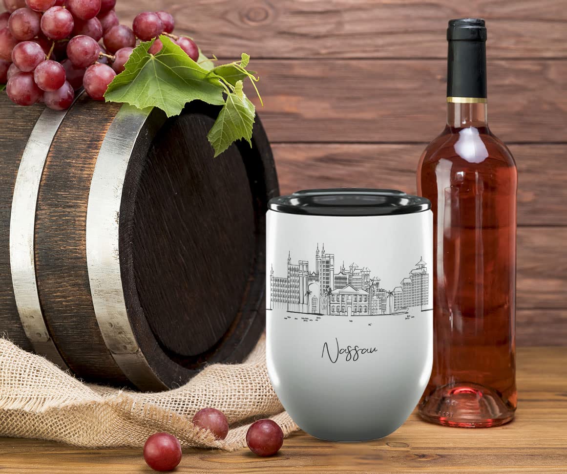 12 Oz Insulated Wine Tumbler with Lid - Nassau Bahamas Themed Gift for College Graduation, Long Distance & Homesick Students - Unique Caribbean Drinkware Souvenir - Perfect for Beach Parties, Dorm Life & Tropical Themed Events
