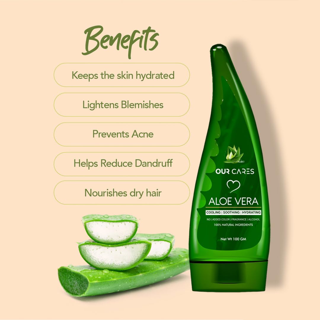 OURCARES Pure Aloe Vera Gel for Face, Skin & Hair Care | Natural Moisturizer for Glowing Skin | Paraben-Free, No Mineral Oils or Silicones | Fragrance-Free & Hypoallergenic - 100g | Perfect for Sunburn Relief, Daily Hydration & Hair Conditioning