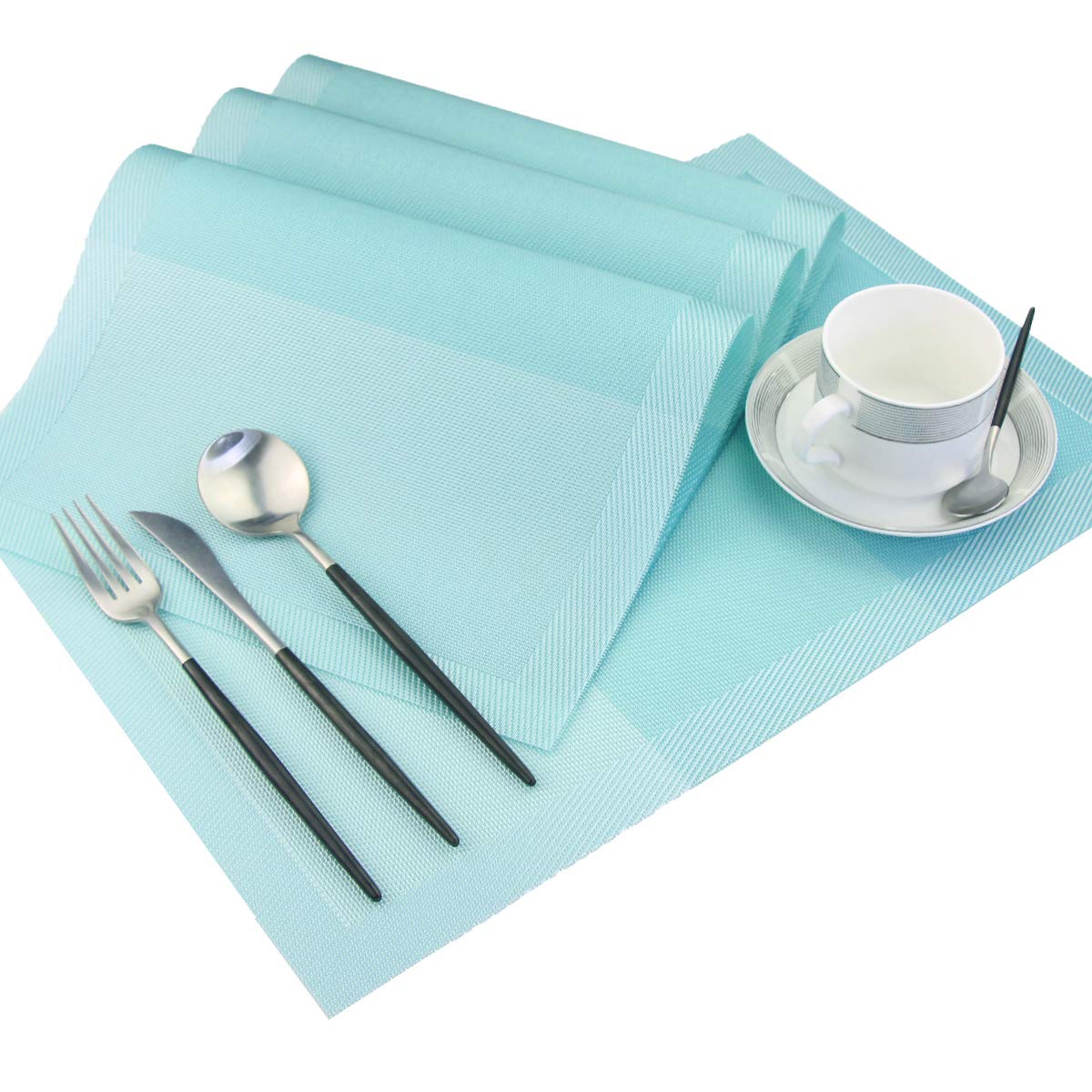 PIGCHCY 18x12 Inch Woven Vinyl Placemats Set of 4 - Non-Slip, Washable & Easy Clean Table Mats for Dining Room, Kitchen, Office - Perfect for Everyday Meals, Dinner Parties & Home Decor (Teal)