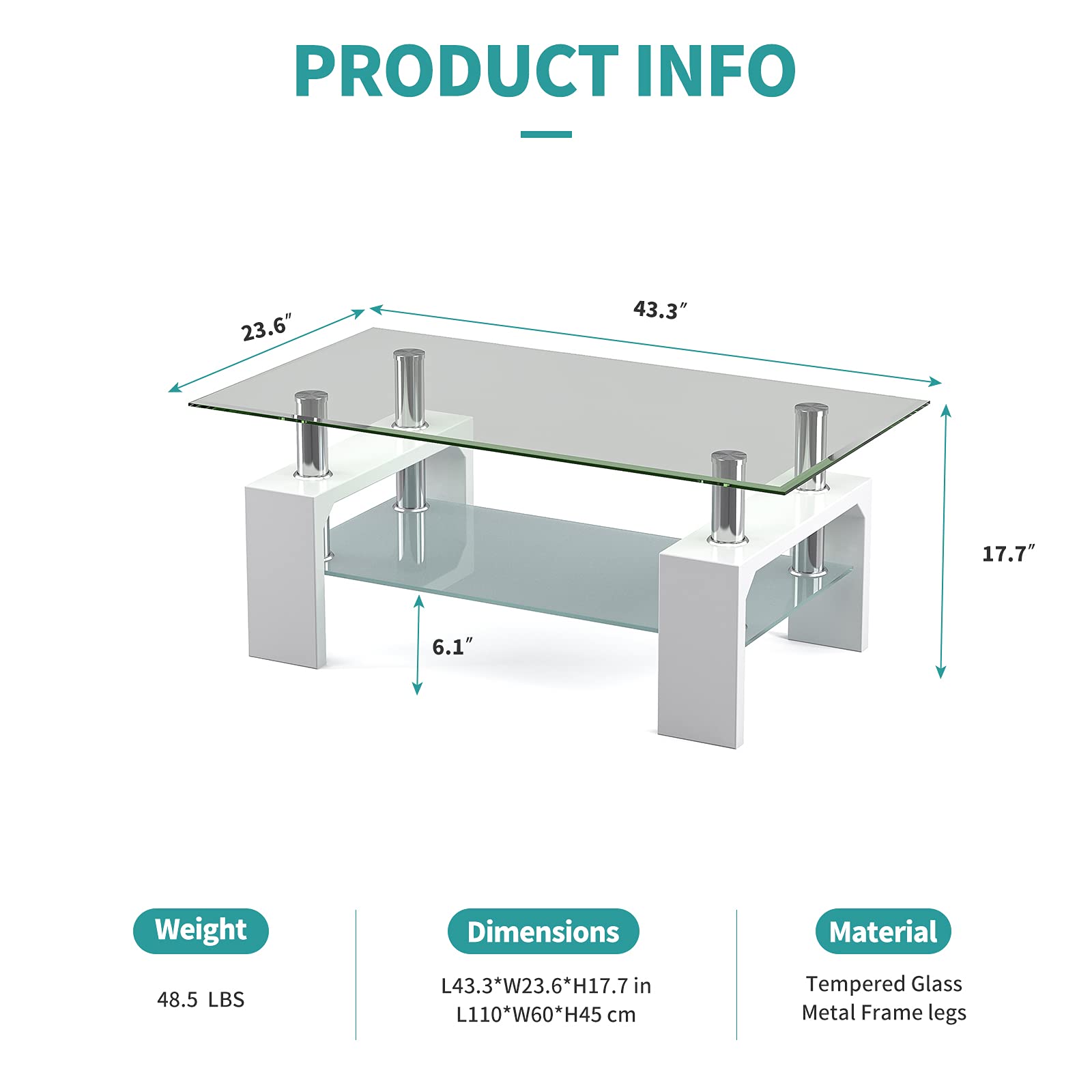 Modern White Rectangle Glass Coffee Table with Lower Storage Shelf & Metal Legs - Stylish Living Room Furniture for Small Spaces & Apartments