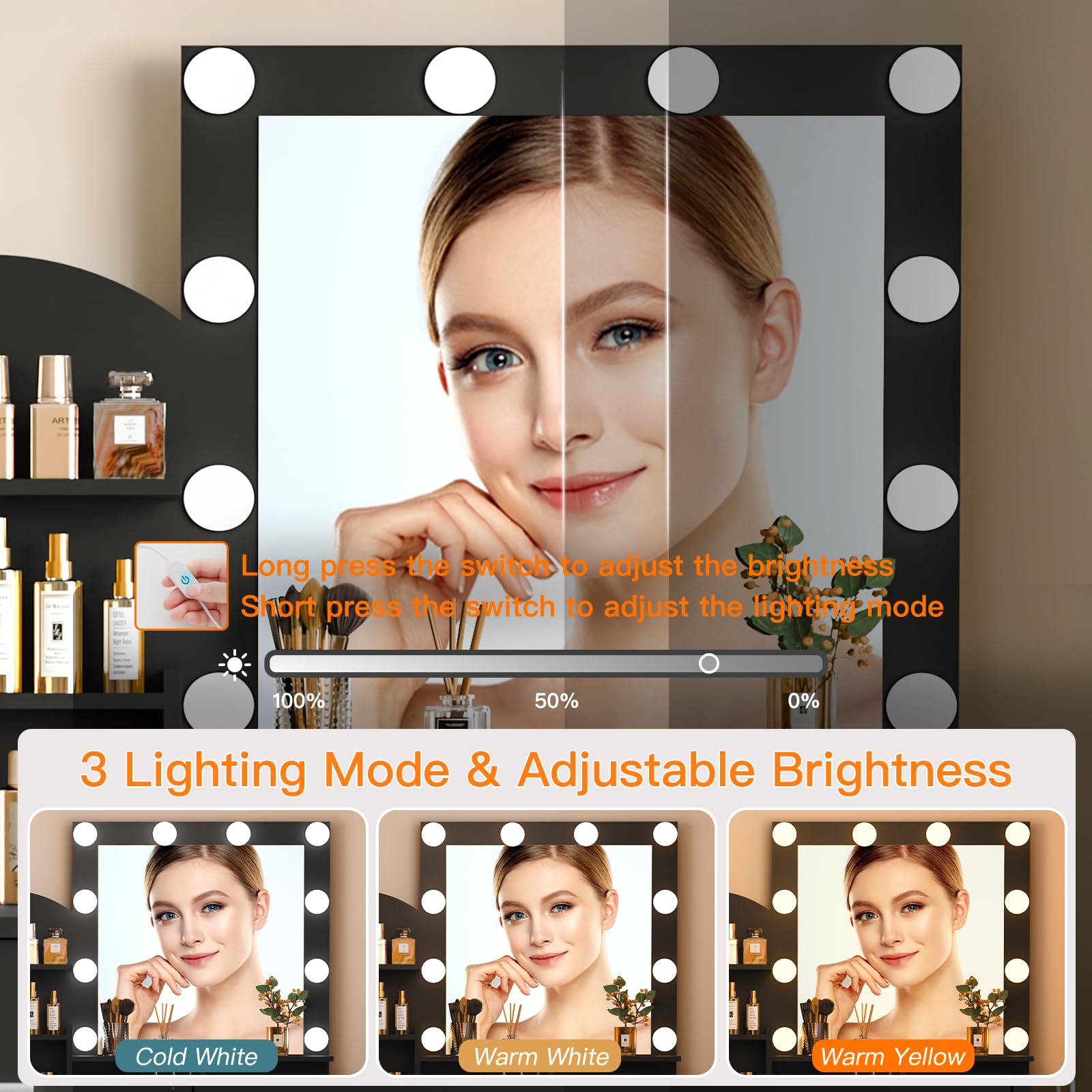 Quimoo Vanity Desk with Mirror & 10 LED Lights - Makeup Vanity Set with Charging Station, 4 Drawers & Shelves - Vanity Table with Cushioned Stool for Bedroom, Black - Perfect for Makeup Application, Skincare Routine & Home Decor