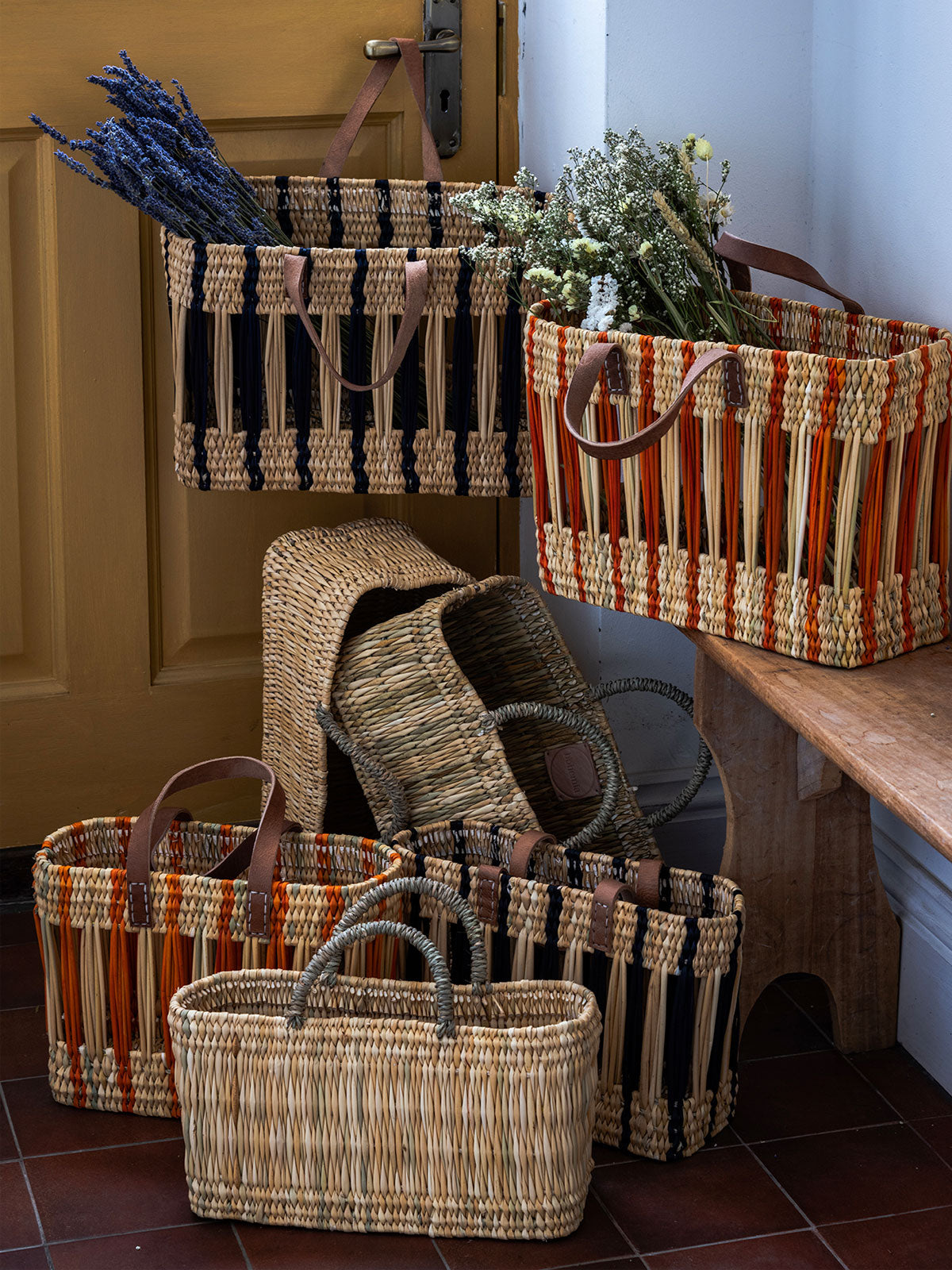 Handwoven Decorative Reed Basket with Indigo Stripes - Natural Storage Solution for Home, Office, and Gift Giving