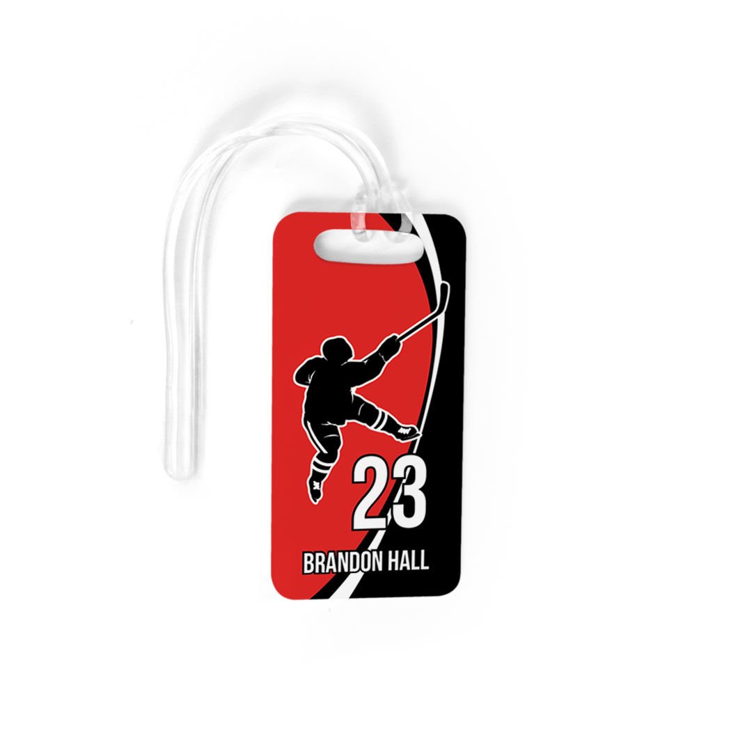 Personalized Hockey Slap Shot Luggage Tag - Small Red & Black Hockey Bag Tag with Standard Lines - Perfect for Hockey Players, Travel & Sports Gear Identification