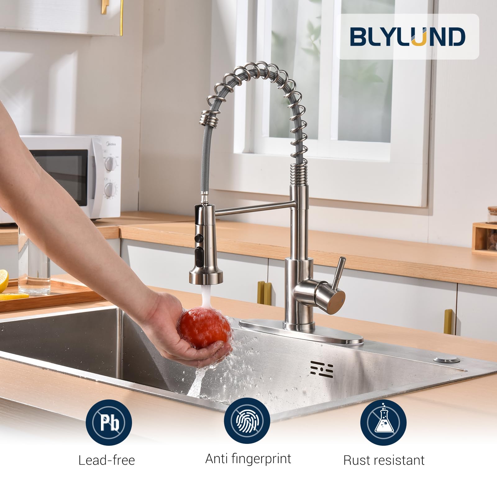 BLYLUND Commercial Stainless Steel Kitchen Faucet with Pull Down Sprayer, Spring Design, Triple Function Sprayer, Brushed Nickel Modern Sink Tap for Home & Restaurant Use