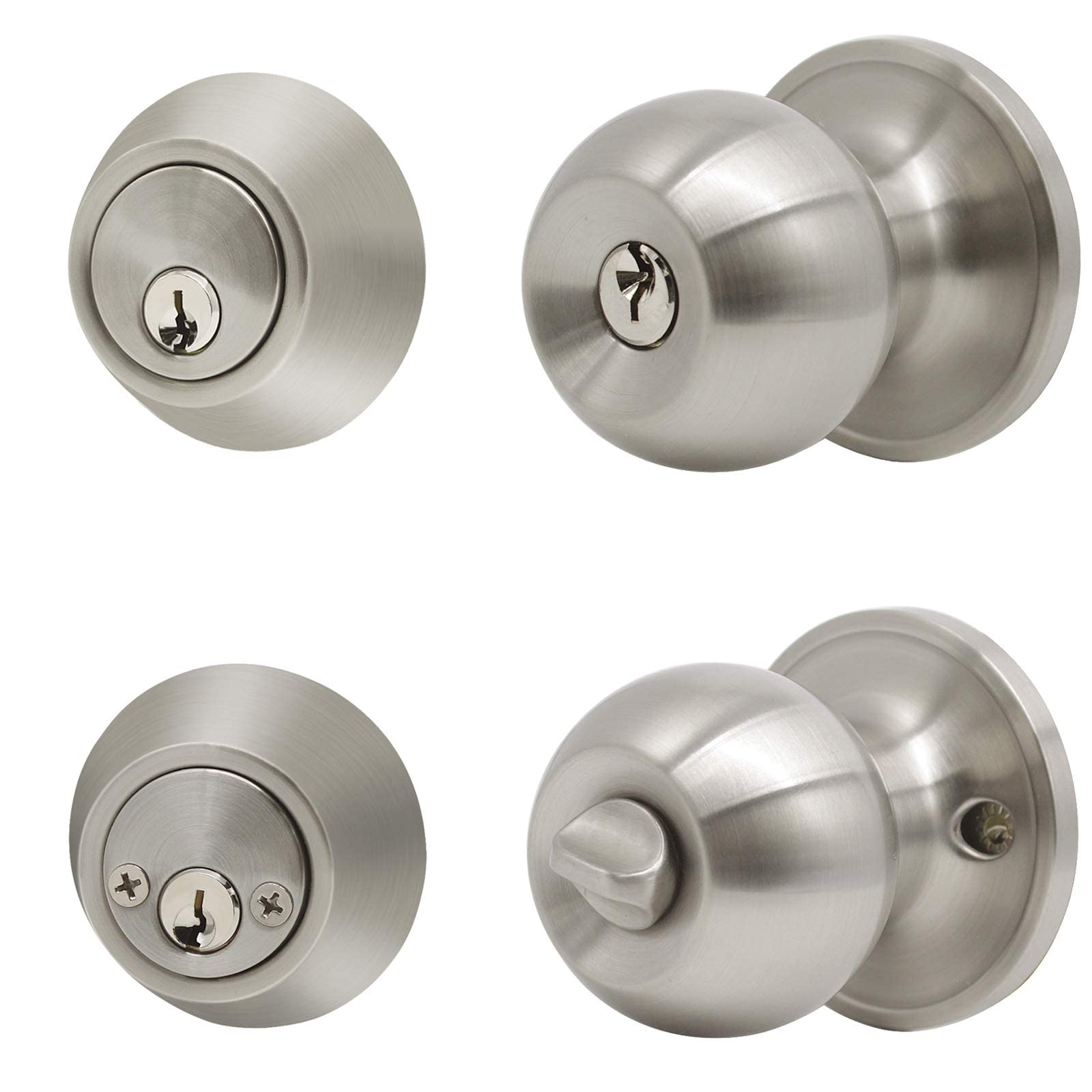 7 Pack Round Ball Entry Door Knob Lock Set with Double Cylinder Deadbolt - Keyed Alike Satin Nickel Finish - Perfect for Home Security, Apartments and Office Doors