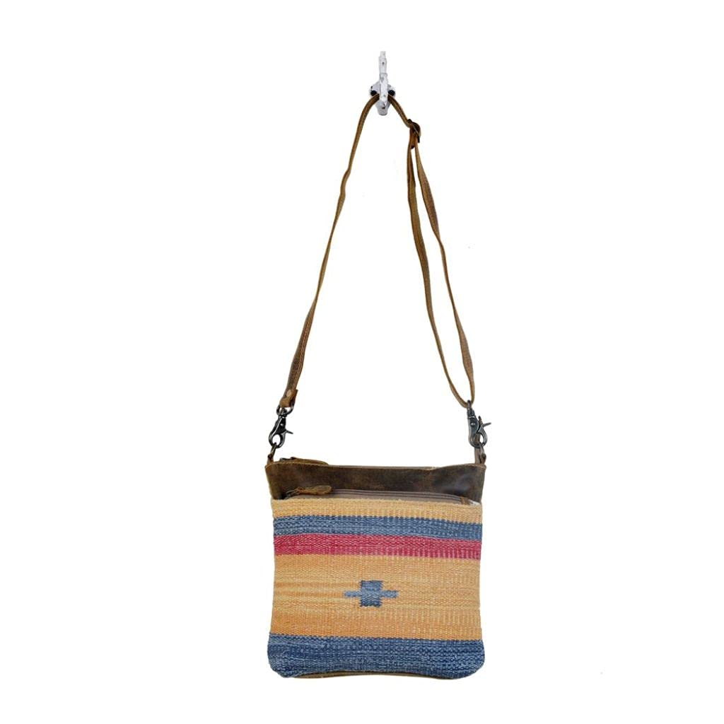 Myra Cross-Body Bag - Upcycled Cotton & Leather - Yellow & Blue Stripes - Perfect for Casual Outings