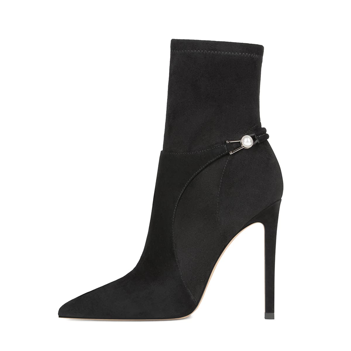 YDN Women's Sexy Closed Pointed Toe Stretchy Suede Mid Calf Ankle Boots with Stiletto Heel & Pearl Buckle - Size 4-15 US - Perfect for Formal Outfits, Parties & Evening Events