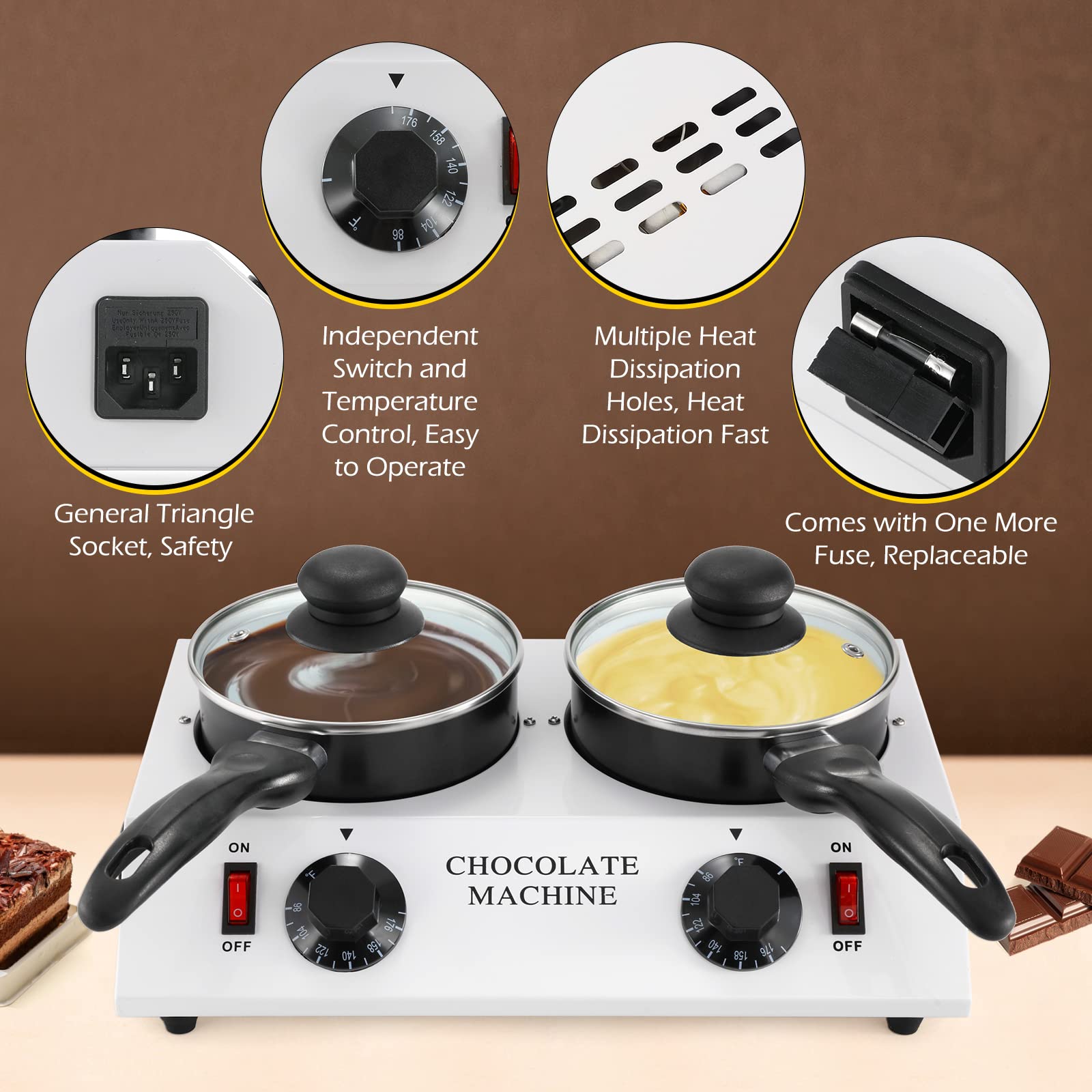 Dyna-Living 80W Electric Chocolate Melting Pot - Dual Chocolate Tempering Machine for Home Use, Perfect for Melting Chocolate, Making Chocolate Fondue & DIY Candy (Ideal for Valentine's Day, Parties & Baking)