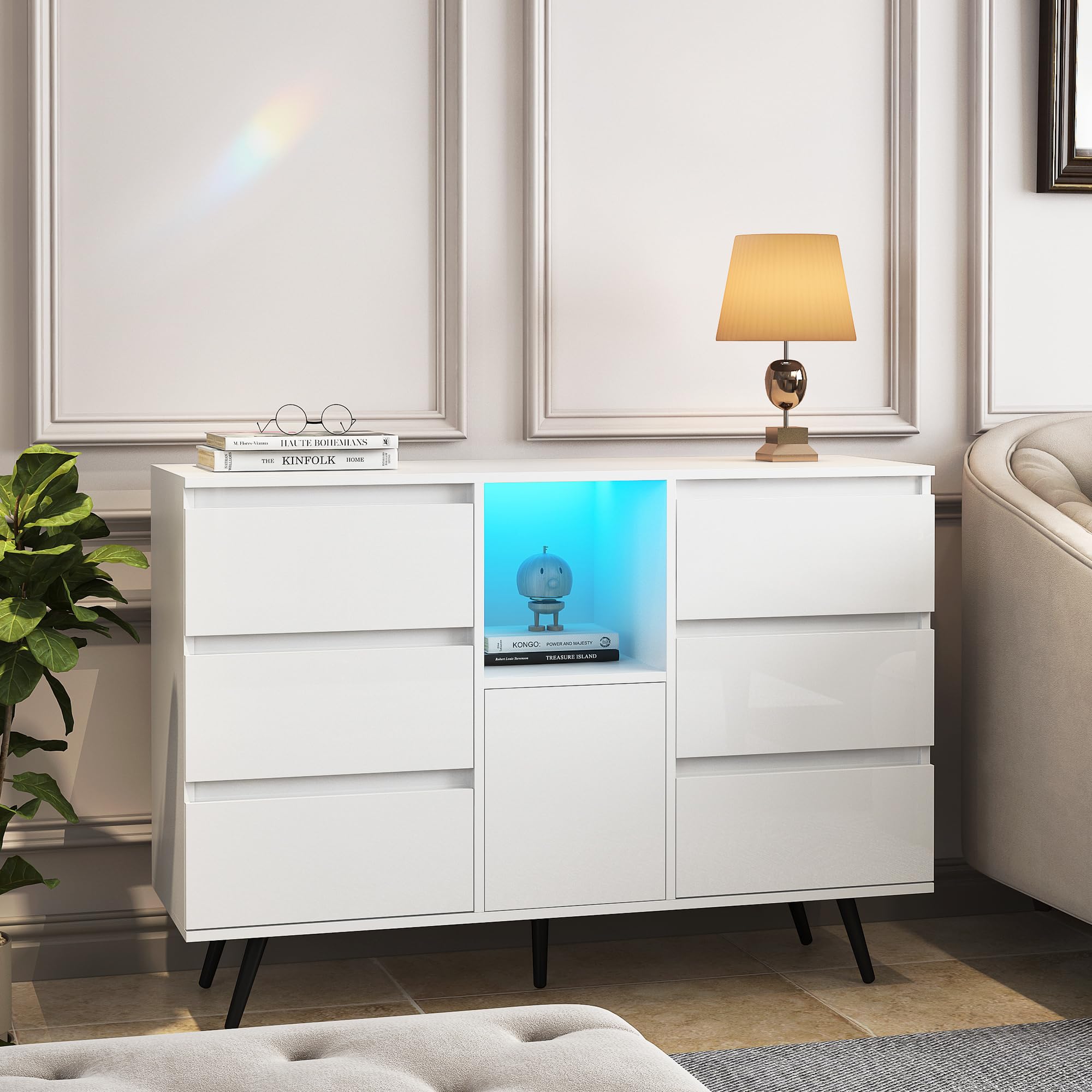 Modern White 6-Drawer Dresser with LED Lights - Wooden Storage Cabinet for Bedroom, Living Room & Entryway - Perfect for Organizing Clothes, Accessories & Home Decor