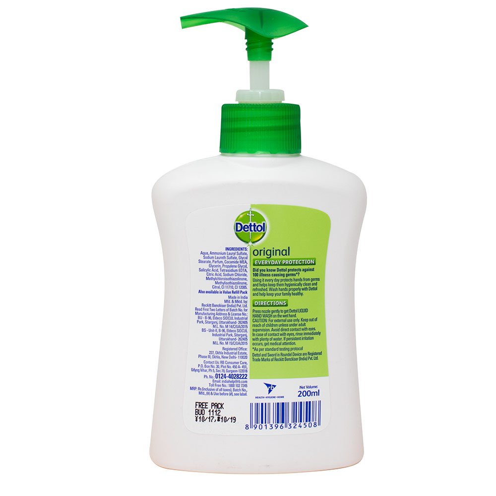 Dettol Original Liquid Hand Wash 200ml | Antibacterial Hand Soap | Kills 99.9% Germs | Moisturizing Formula | Ideal for Home, Kitchen & Bathroom Use