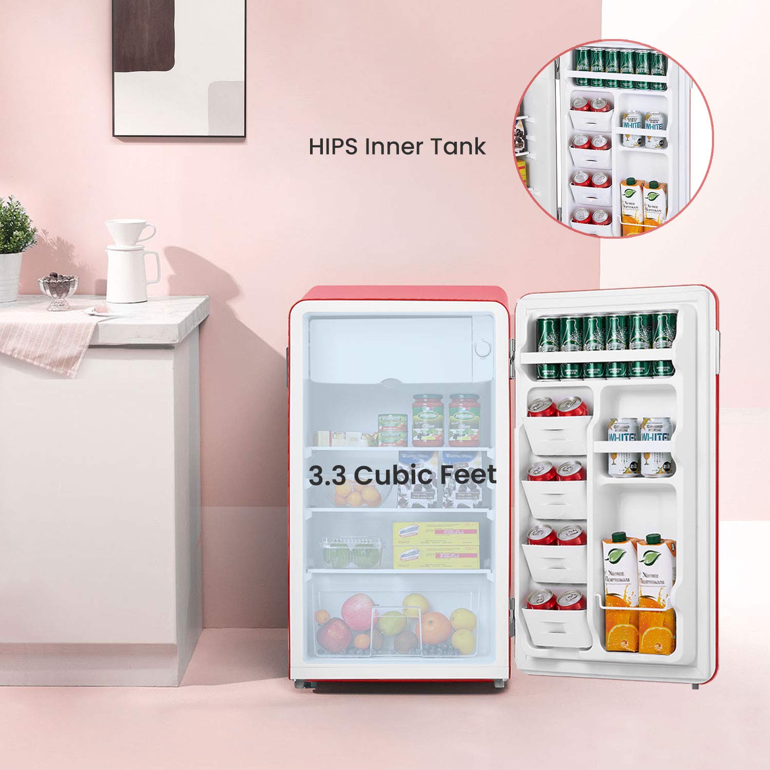 COMFEE' CRR33S3ARD 3.3 Cu Ft Mini Refrigerator - Retro Style Compact Fridge for Bedroom, Dorm, Office, Garage - Adjustable Legs, Energy Efficient, Quiet Operation - Perfect for Small Spaces & Beverage Storage [Red]