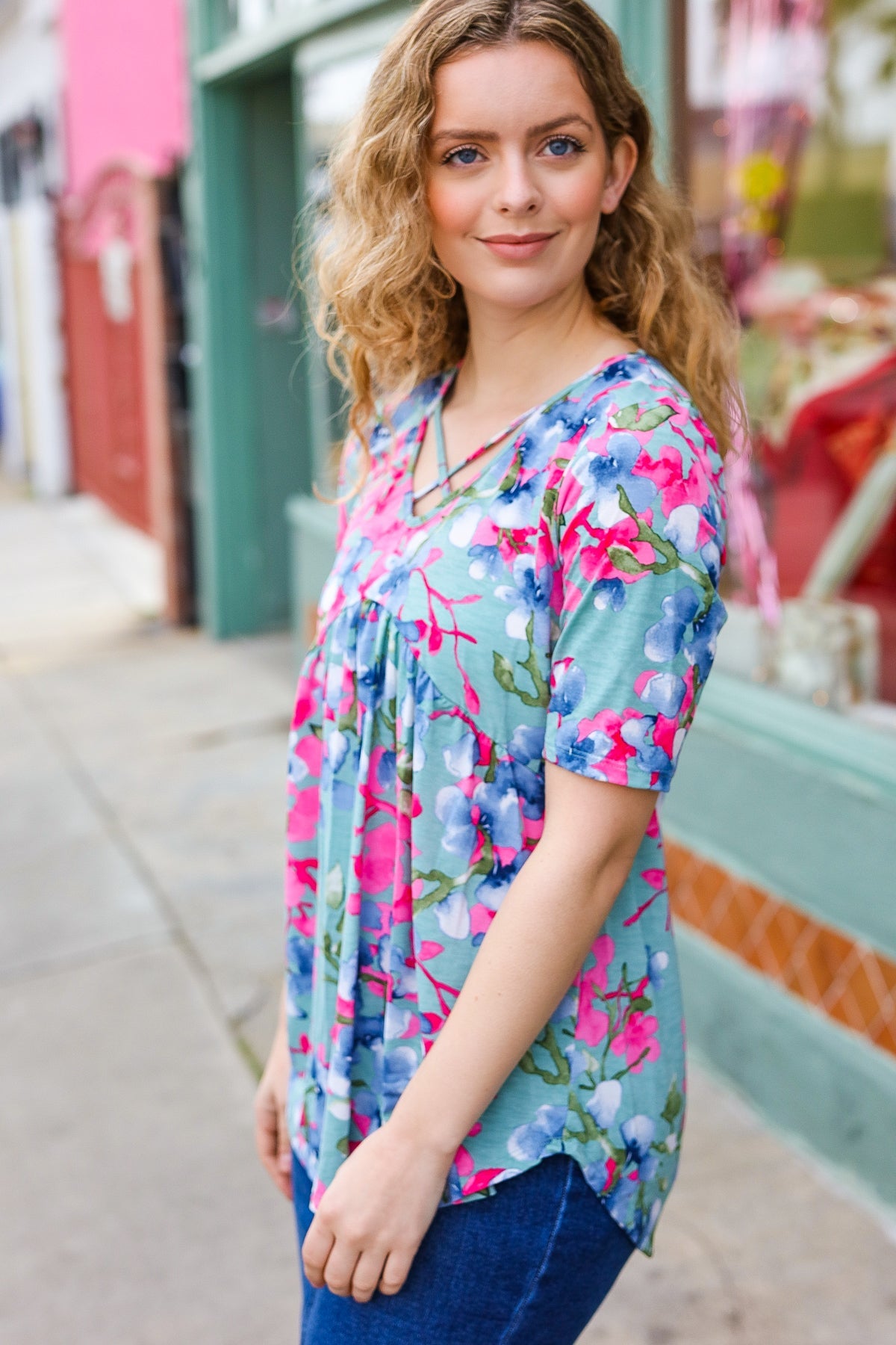 Hayzel Sunny Days Light Teal Floral Criss Cross V Neck Babydoll Top - Women's Summer Casual Blouse for Beach, Date Night & Vacation Outfits