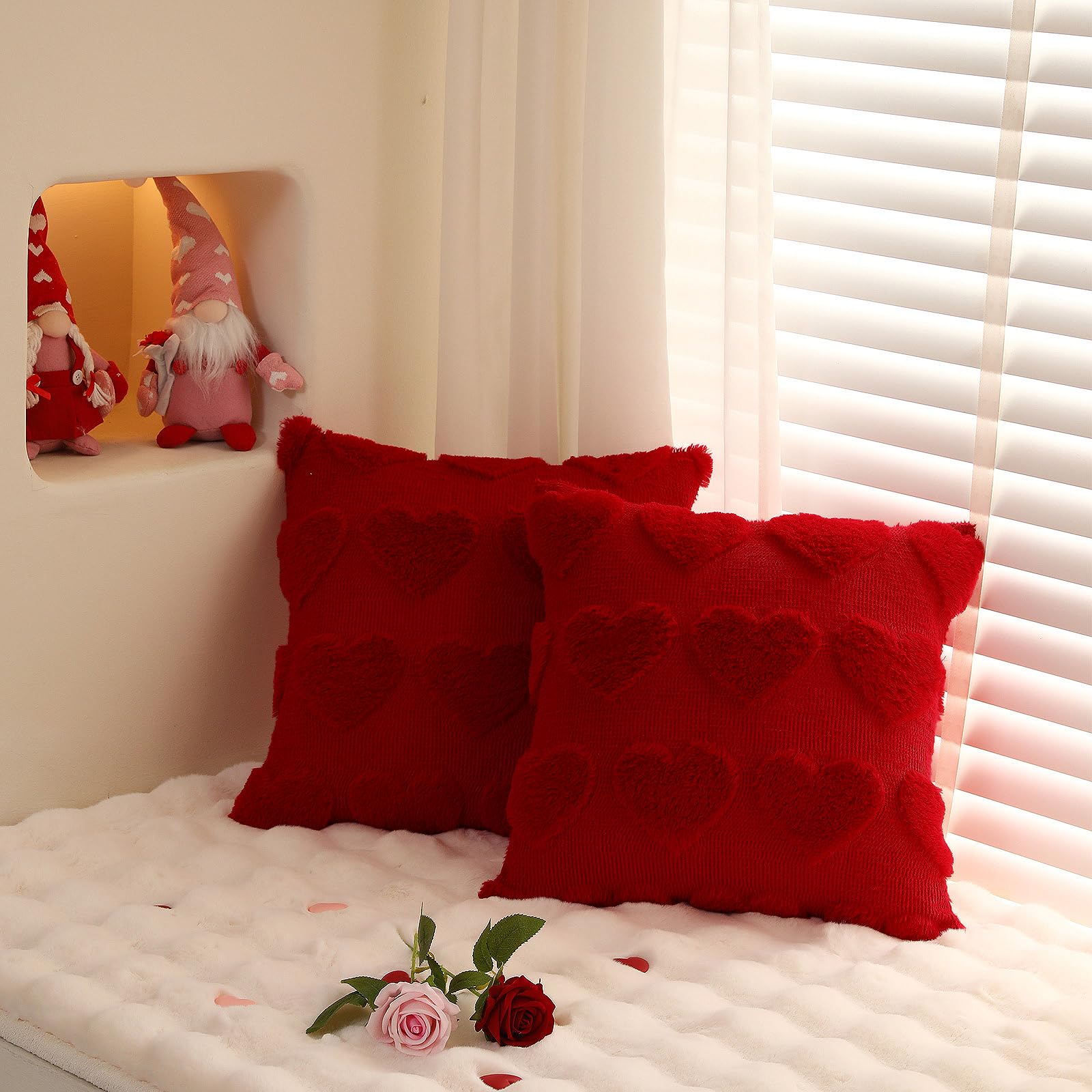 Valentine's Day Throw Pillow Covers 18x18 Inch Set of 2 - Soft Plush Faux Fur Heart-Shaped Decorative Pillow Cases for Couch, Sofa, Living Room & Bedroom Decor - Perfect for Romantic Home Decor, Anniversary Gifts & Cozy Winter Accents