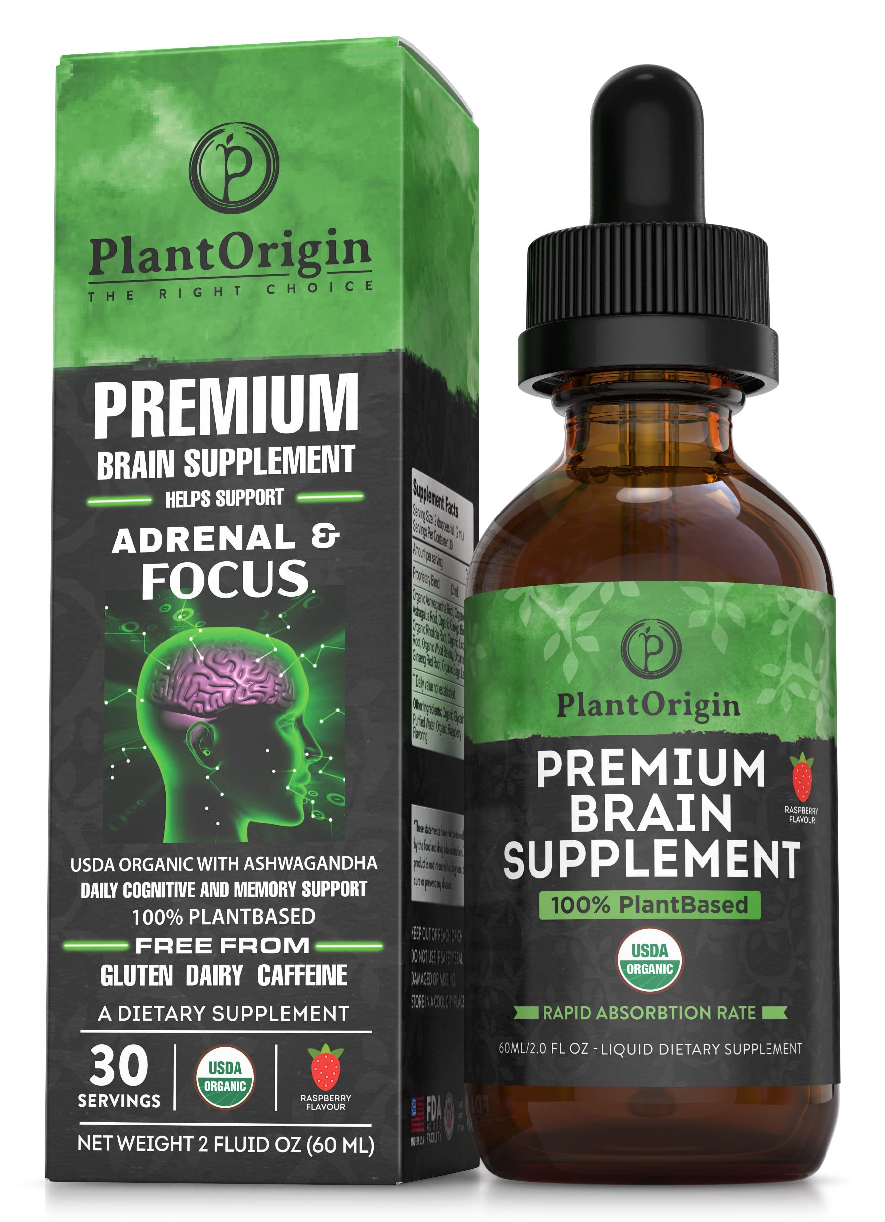 Premium Brain Nootropic Drops for Memory, Focus & Concentration | Organic Ashwagandha, Ginseng & Ginkgo Biloba Supplement | USDA Certified, Vegan, Non-GMO, Gluten-Free | 30 Servings (2oz) | Boost Cognitive Performance for Studying, Work & Mental Clarity