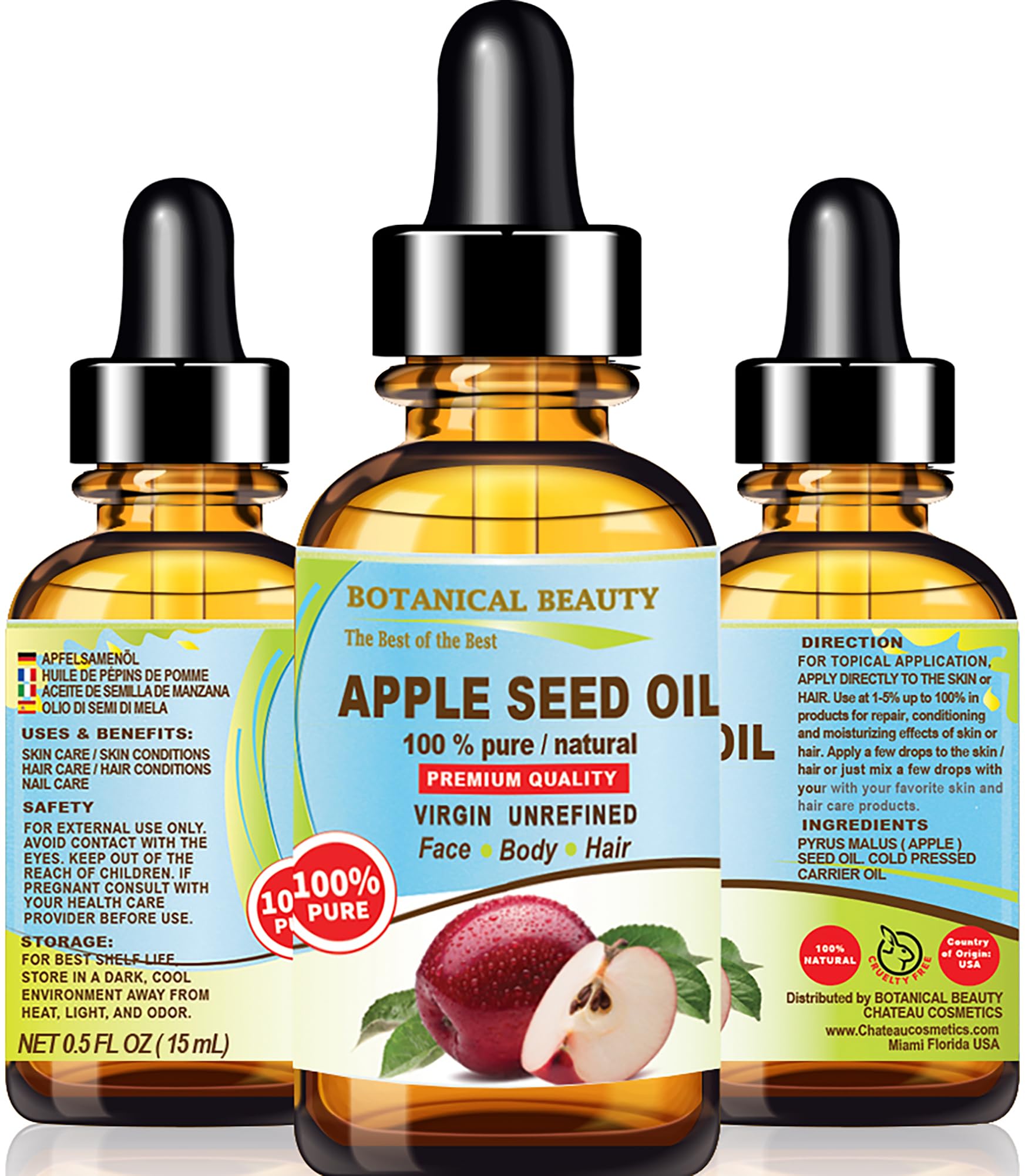 100% Pure Virgin Apple Seed Oil - Cold Pressed Unrefined Carrier Oil (0.5 Fl Oz / 15ml) for Face, Dry Skin, Body, Hair & Nails | Natural Moisturizer for Skincare, Massage & Aromatherapy