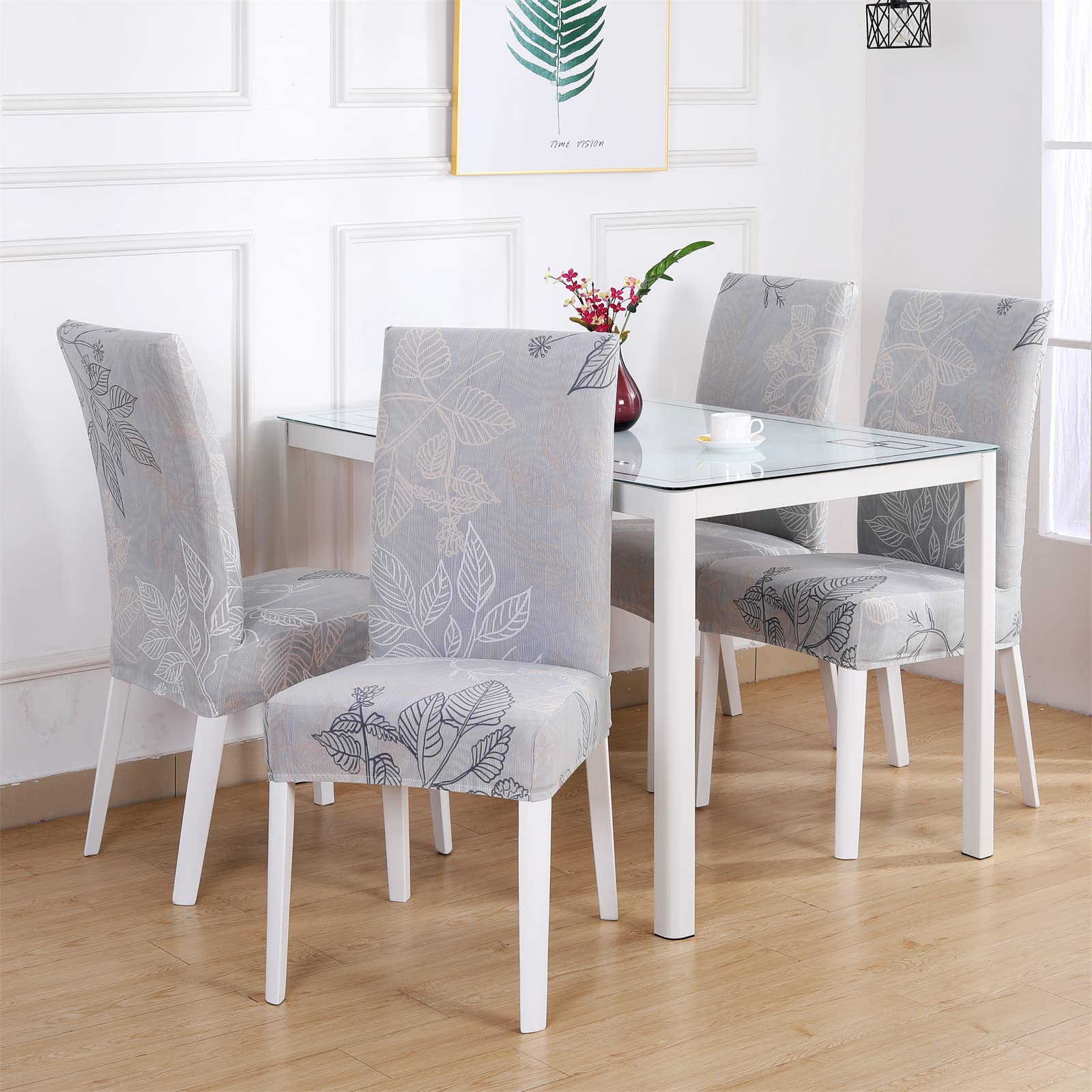 Stretch Parsons Chair Slipcovers Set of 2 - Washable Spandex Dining Room Chair Covers with Leaf Grey Print | Perfect for Hotel, Office, Wedding, Banquet & Home Decor | Seat Protector for Dining Chairs, Ceremony & Party Events