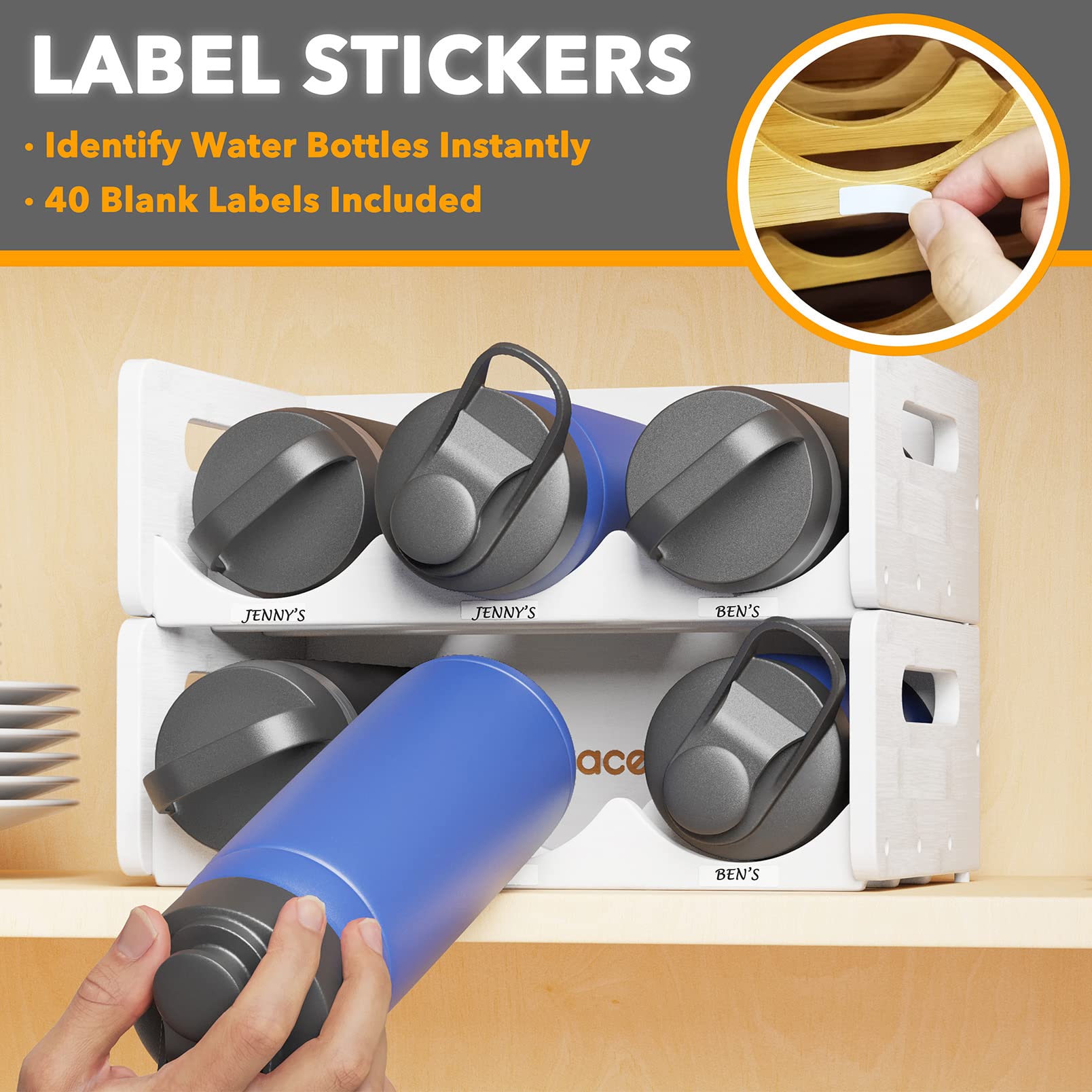 SpaceAid Bamboo Water Bottle Organizer with Labels - 2 Pack 3-Slot Kitchen Pantry Storage Rack for Cabinets, Home Cup & Wine Bottle Holder Shelf Organizer (White) - Perfect for Kitchen, Pantry & Bathroom Organization