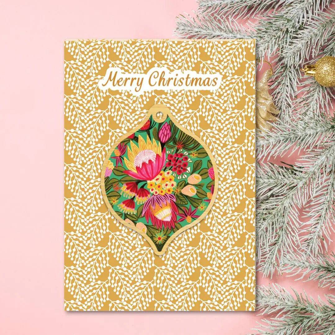 King Proteas Christmas Card & Wooden Ornament Set - Handcrafted Holiday Greeting Cards with Floral Design - Perfect for Christmas Decorations, Gift Giving and Holiday Celebrations