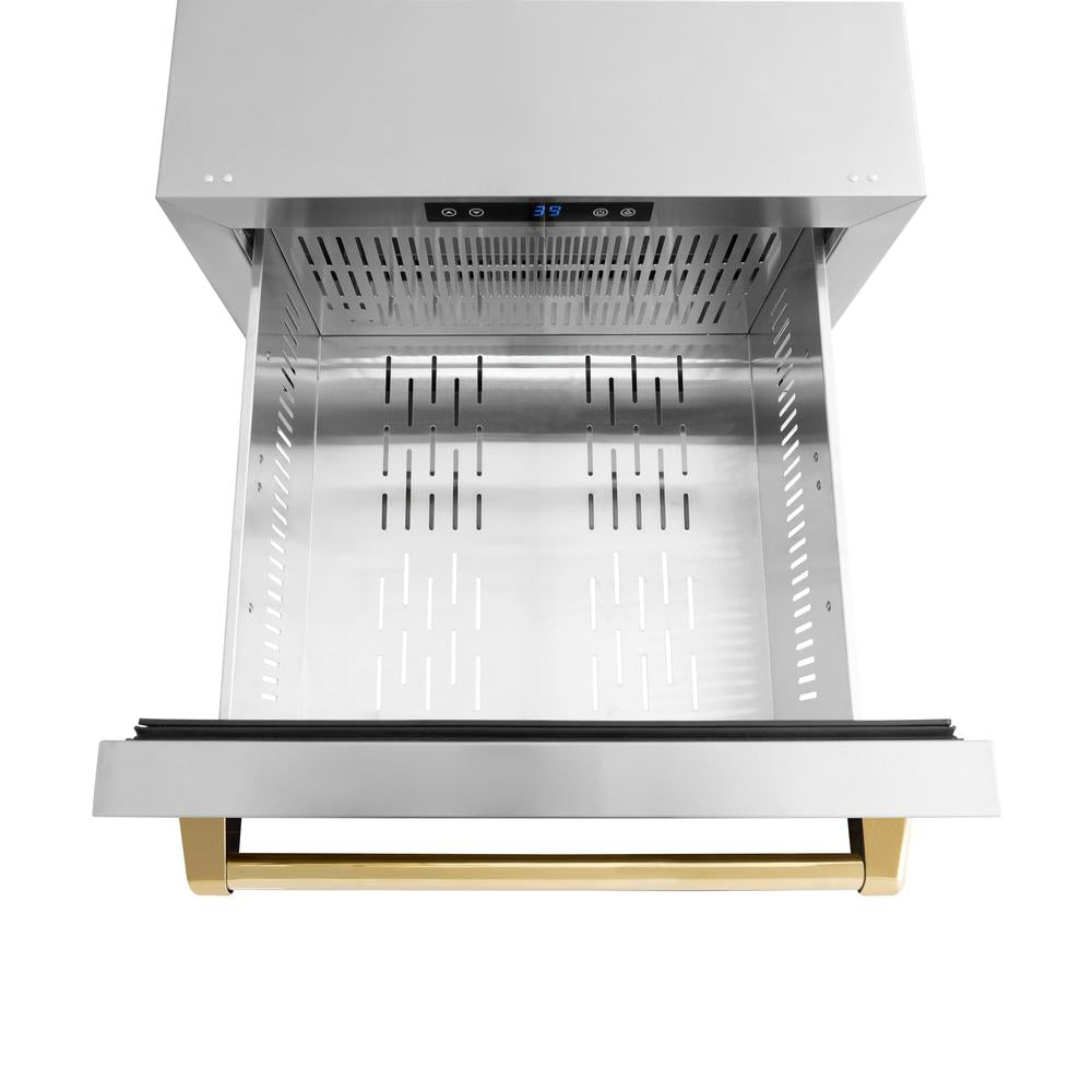 ZLINE Autograph Edition 24 Inch Stainless Steel Outdoor Refrigerator Drawer - Dual Zone 168 Can Capacity with Polished Gold Handles (RDSOZ ST 24 G) - Perfect for Outdoor Kitchens, Patios, and Entertaining Areas