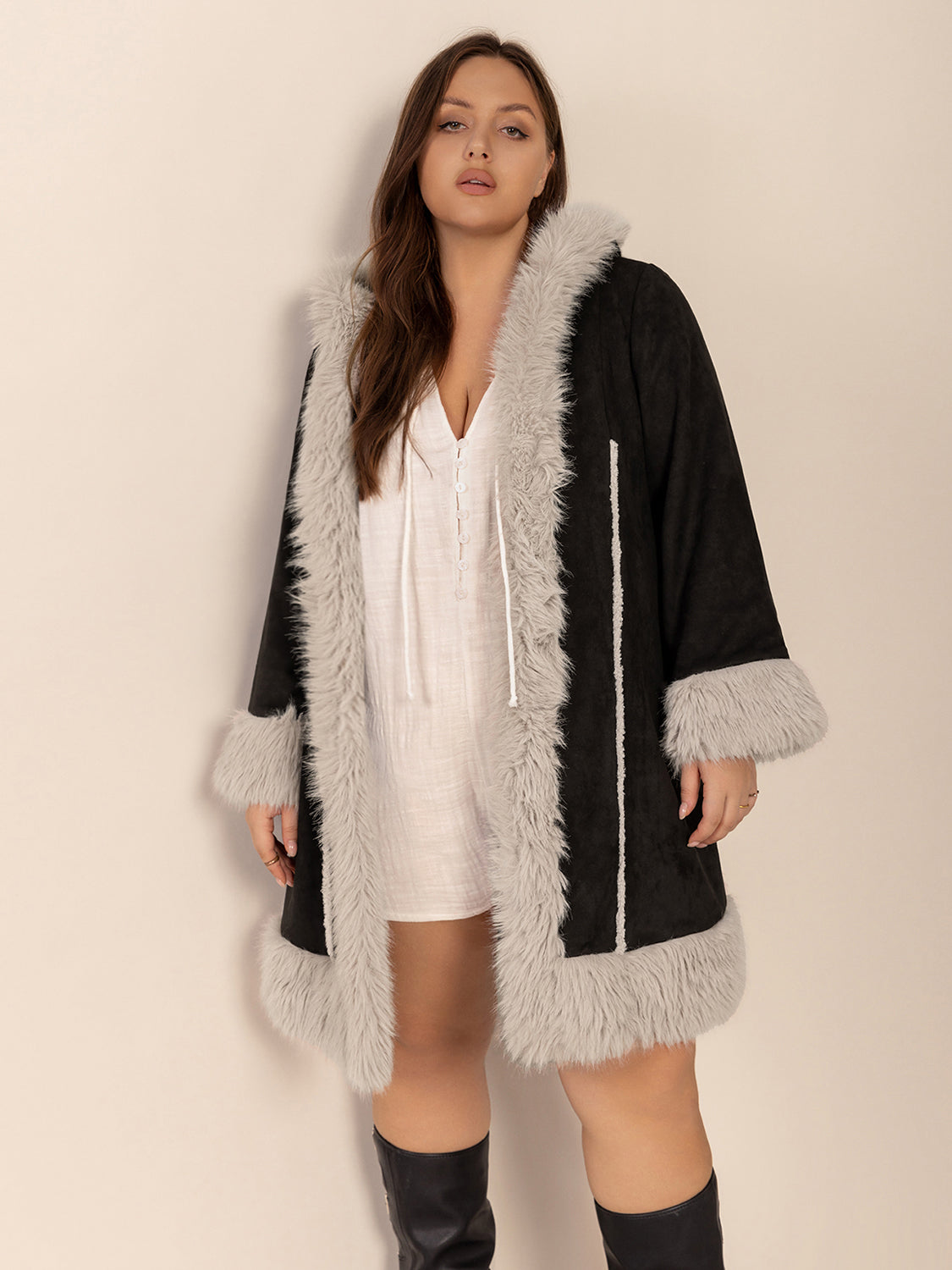 Plus Size Fuzzy Trim Open Front Long Sleeve Hooded Coat - Warm Winter Outerwear for Women, Cozy Loungewear & Casual Street Style Fashion