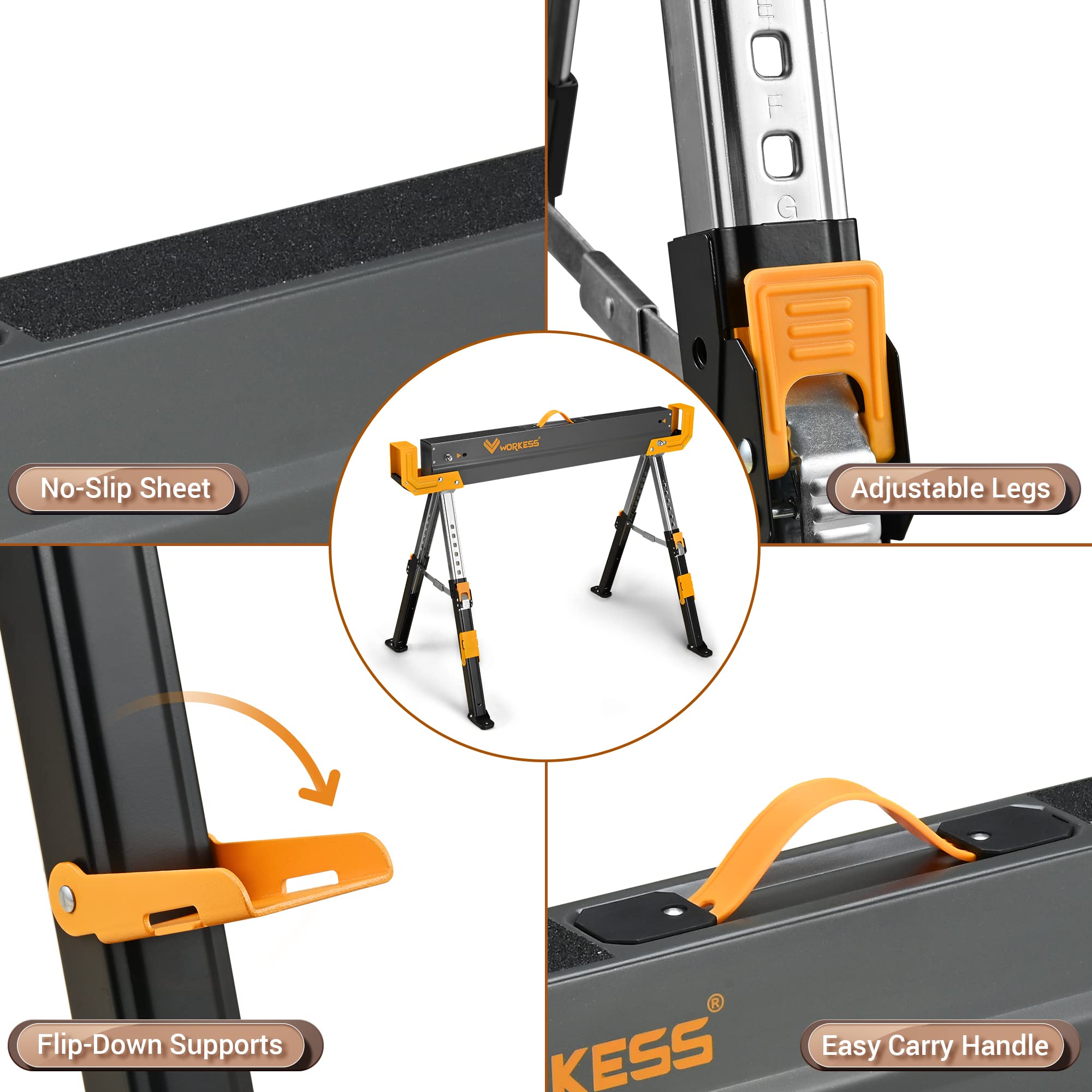 Heavy Duty Folding Saw Horses 2 Pack - 2600 Lbs Capacity, Adjustable Height 24-32 Inch with 2x4 Support Arms - Portable Workbench for Woodworking, Construction & DIY Projects - Easy Grip Handle & Foldable Legs for Compact Storage