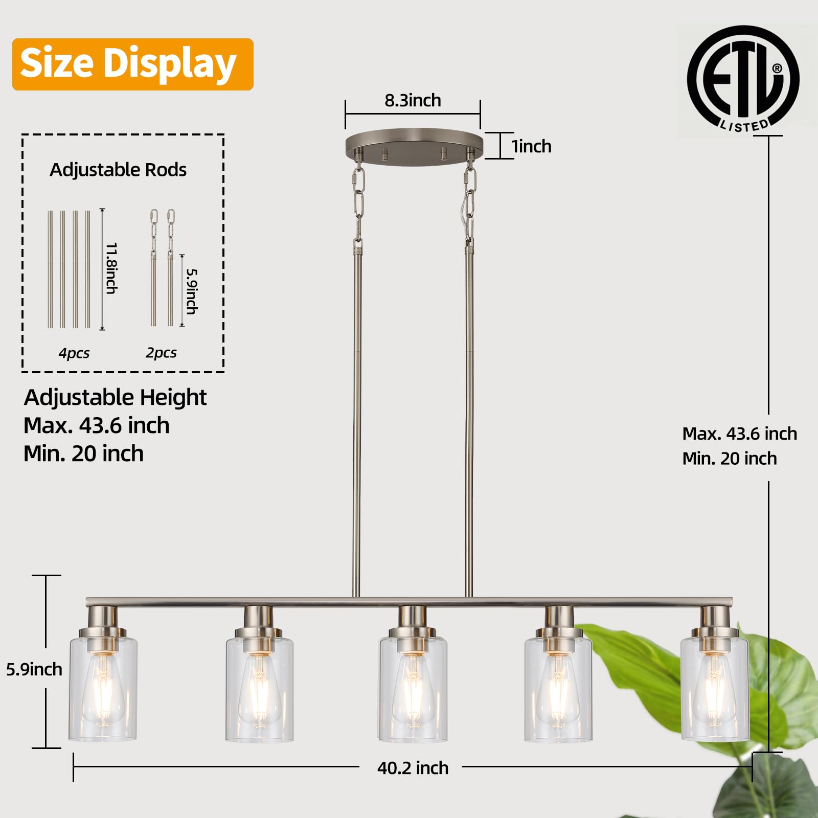 5-Light Farmhouse Pendant Lighting - Brushed Nickel Linear Chandelier with Clear Glass Shades - Rustic Industrial Kitchen Island Lighting for Dining Room & Table - Perfect for Farmhouse, Industrial & Modern Home Decor