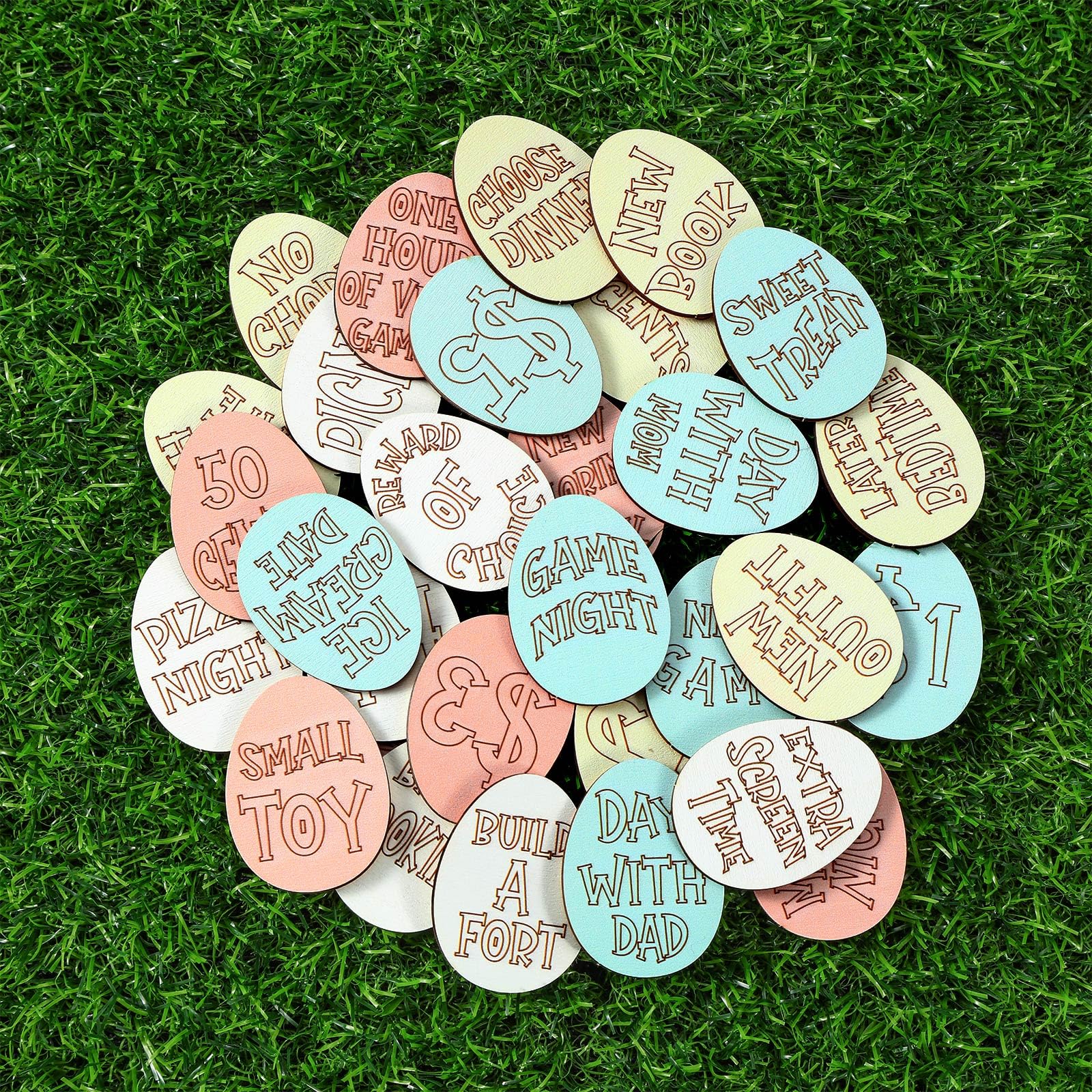 30 Pack Wooden Easter Egg Tokens - 30 Unique Engraved Sayings, Easter Basket Stuffers & Reward Tokens for Teens & Adults - Perfect for Easter Egg Hunts, Classroom Rewards & Party Favors