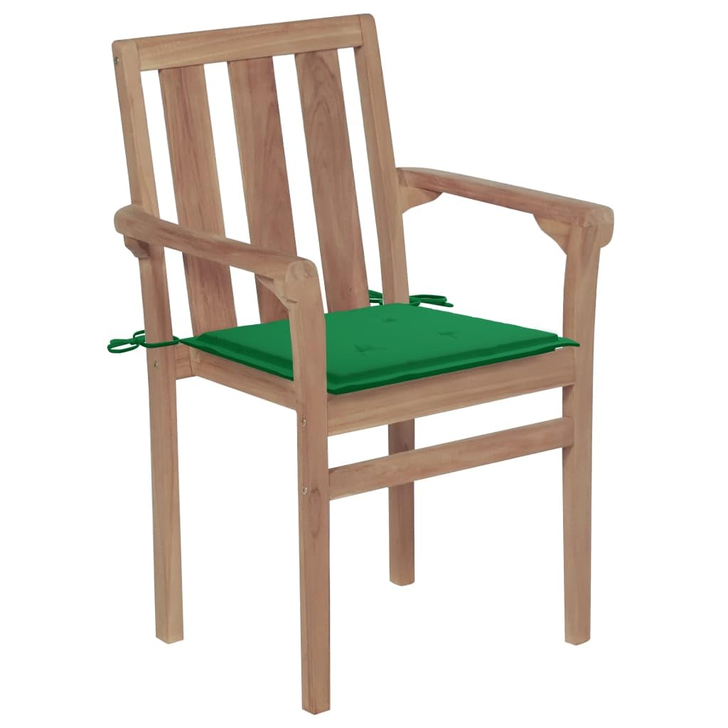 2-Pack Solid Teak Wood Patio Chairs with Green Cushions - Stackable Outdoor Dining Chairs for Garden, Poolside & Backyard - Weather-Resistant Wooden Furniture for Patio Seating & Al Fresco Dining