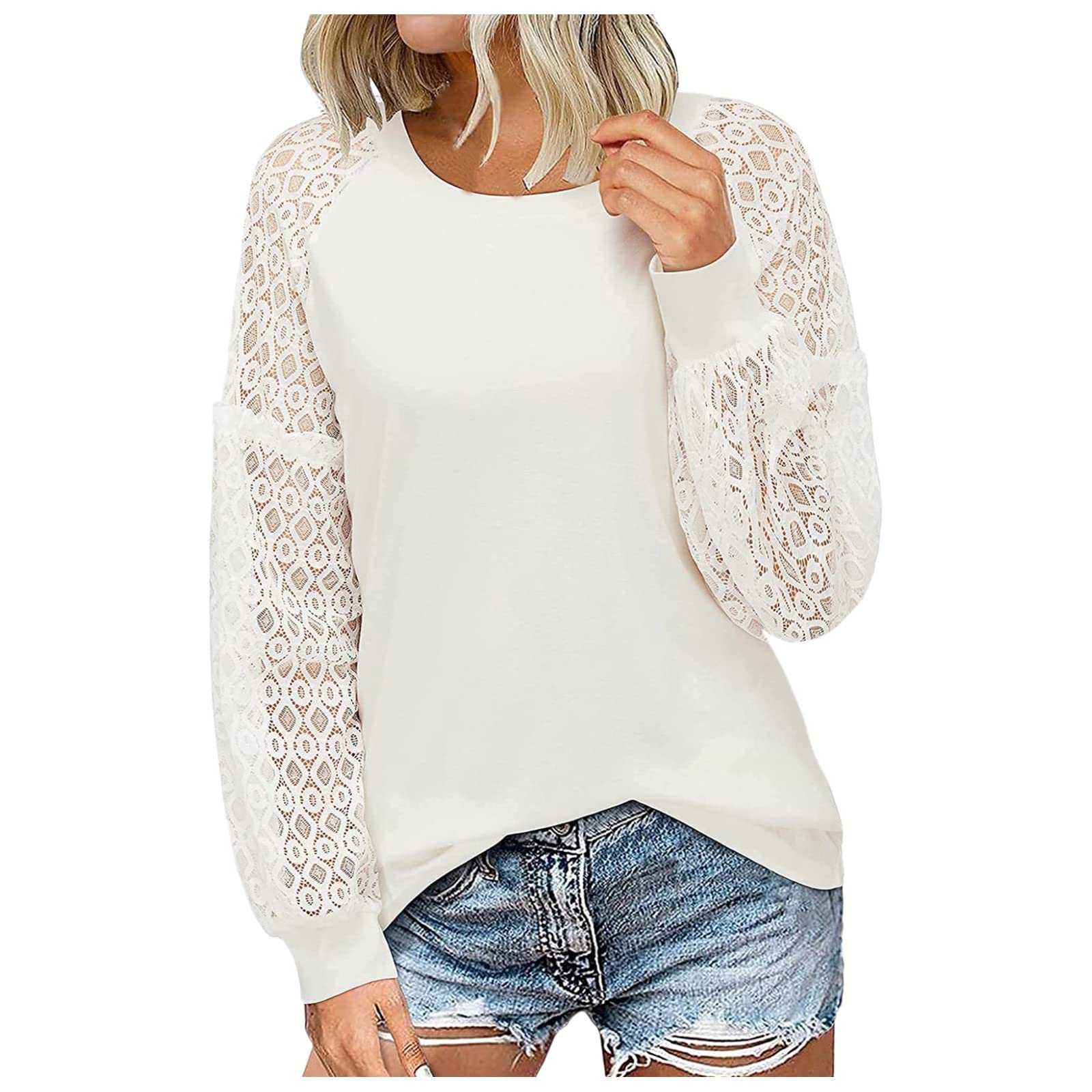 Women's Loose Fit Long Sleeve Lace Stitched O-Neck Sweater Blouse - Winter & Autumn Casual Tops for Work, Dating, and Everyday Wear
