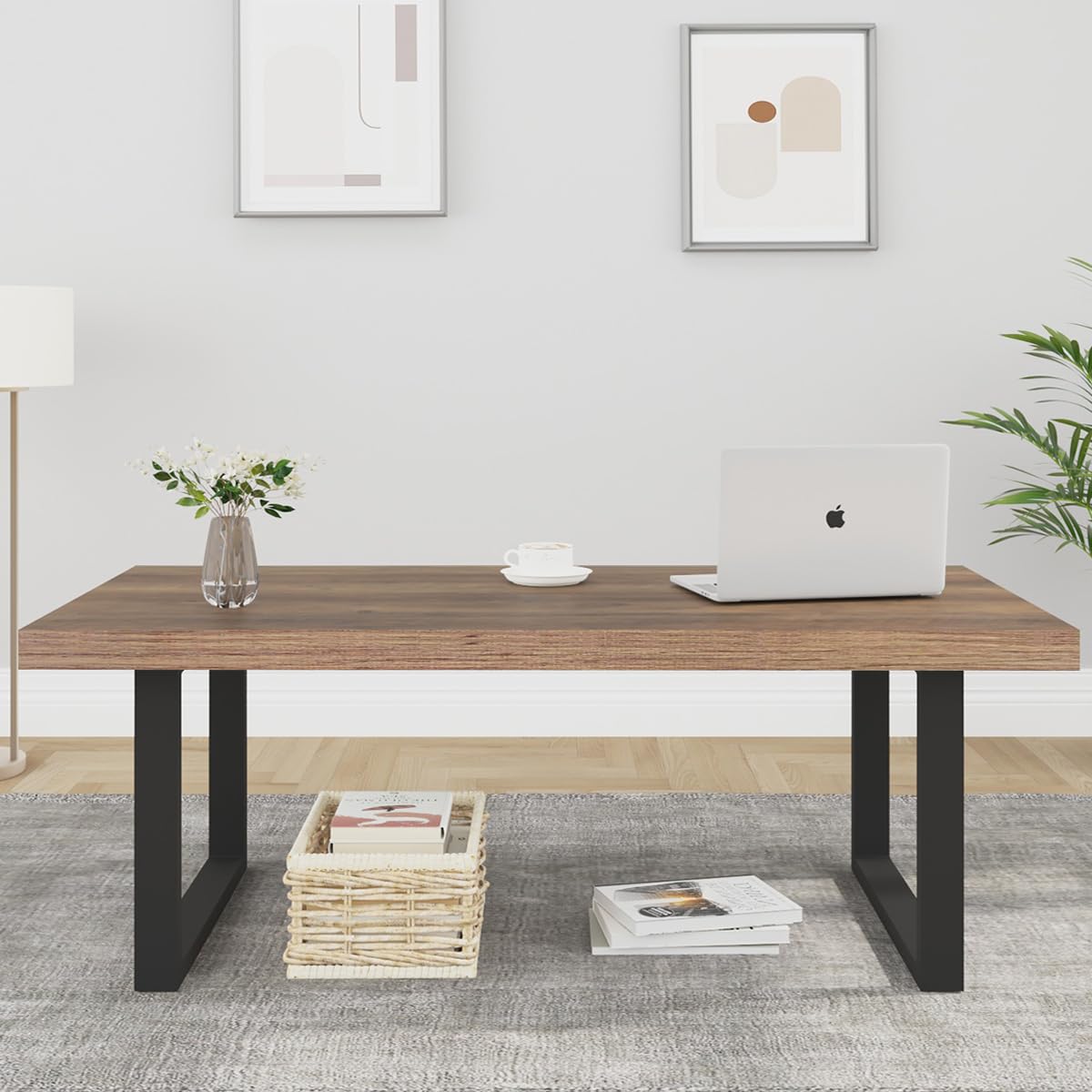 IBF Farmhouse Coffee Table - 47 Inch Modern Industrial Rectangle Center Table with Rustic Oak Finish, Wood & Metal Tea Table for Living Room, Bedroom, Office - Perfect for Cozy Gatherings & Home Decor