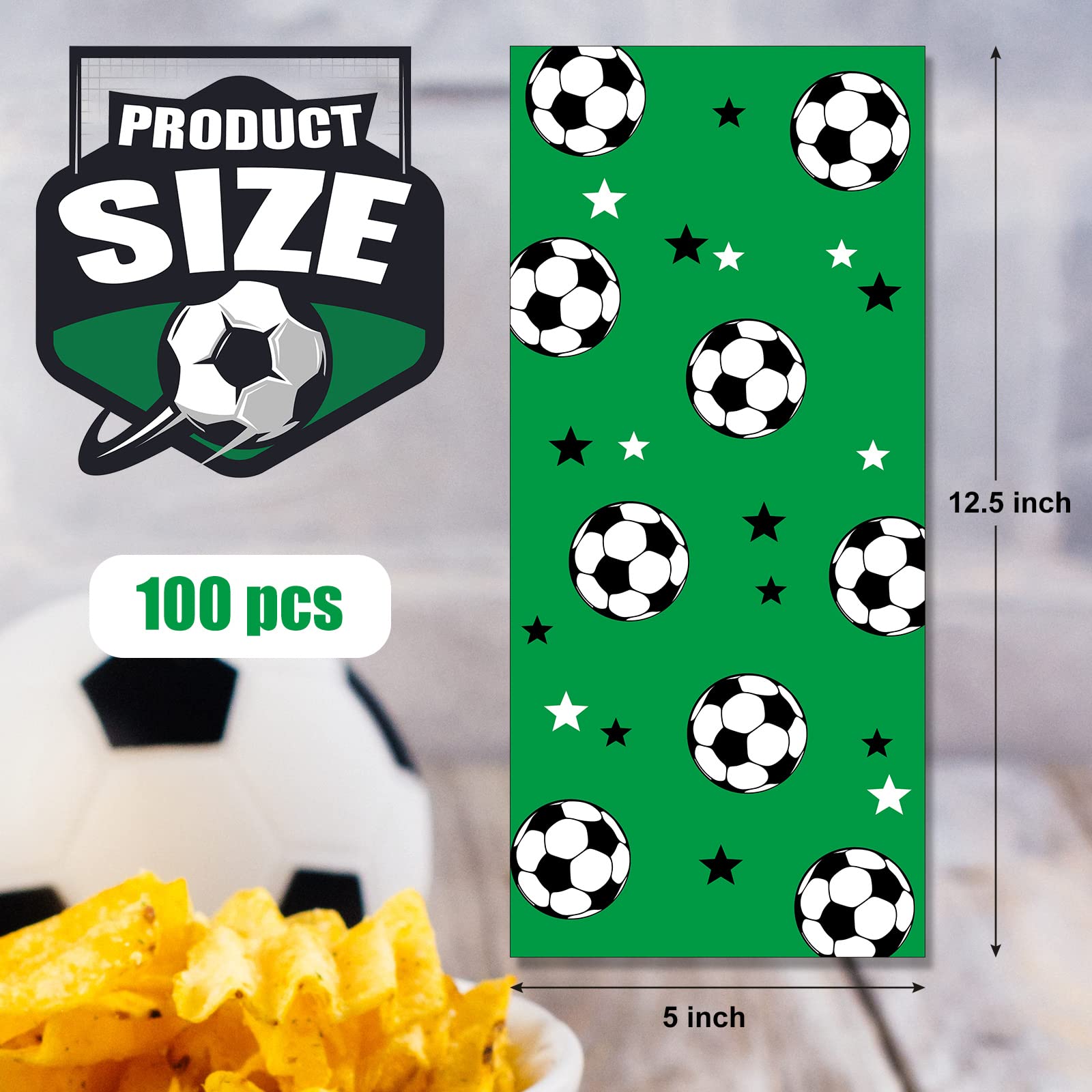 Blulu 100-Pack Green Soccer Treat Bags - Heat Sealable Football Cellophane Candy Favor Bags with Silver Twist Ties for Birthday Parties, Team Celebrations & Sports Events