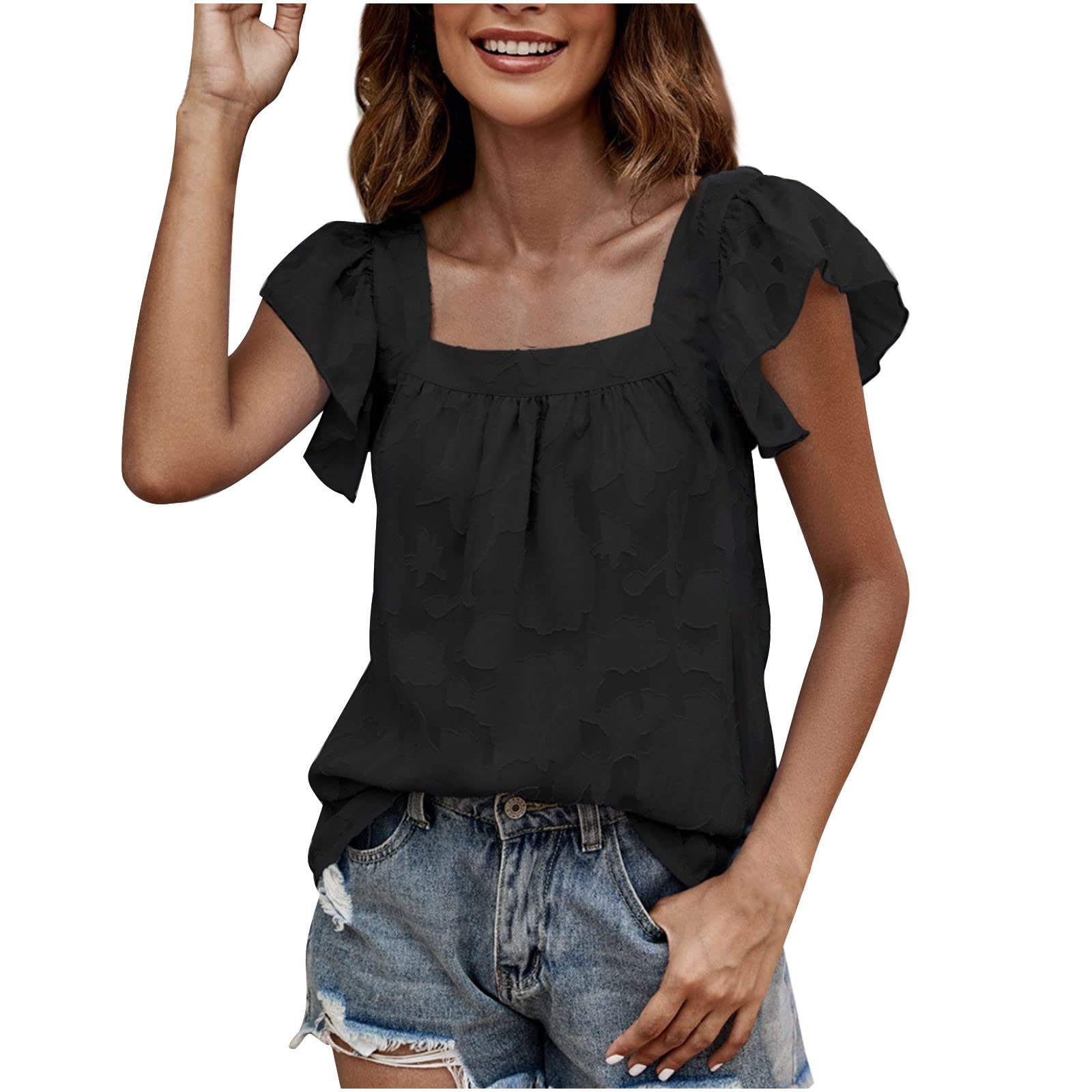 Women's Chiffon Tops & Blouses - Summer Floral Textured Square Neck Tank Top with Ruffle Sleeves | Elegant Dressy Shirt for Casual Wear, Office & Date Night
