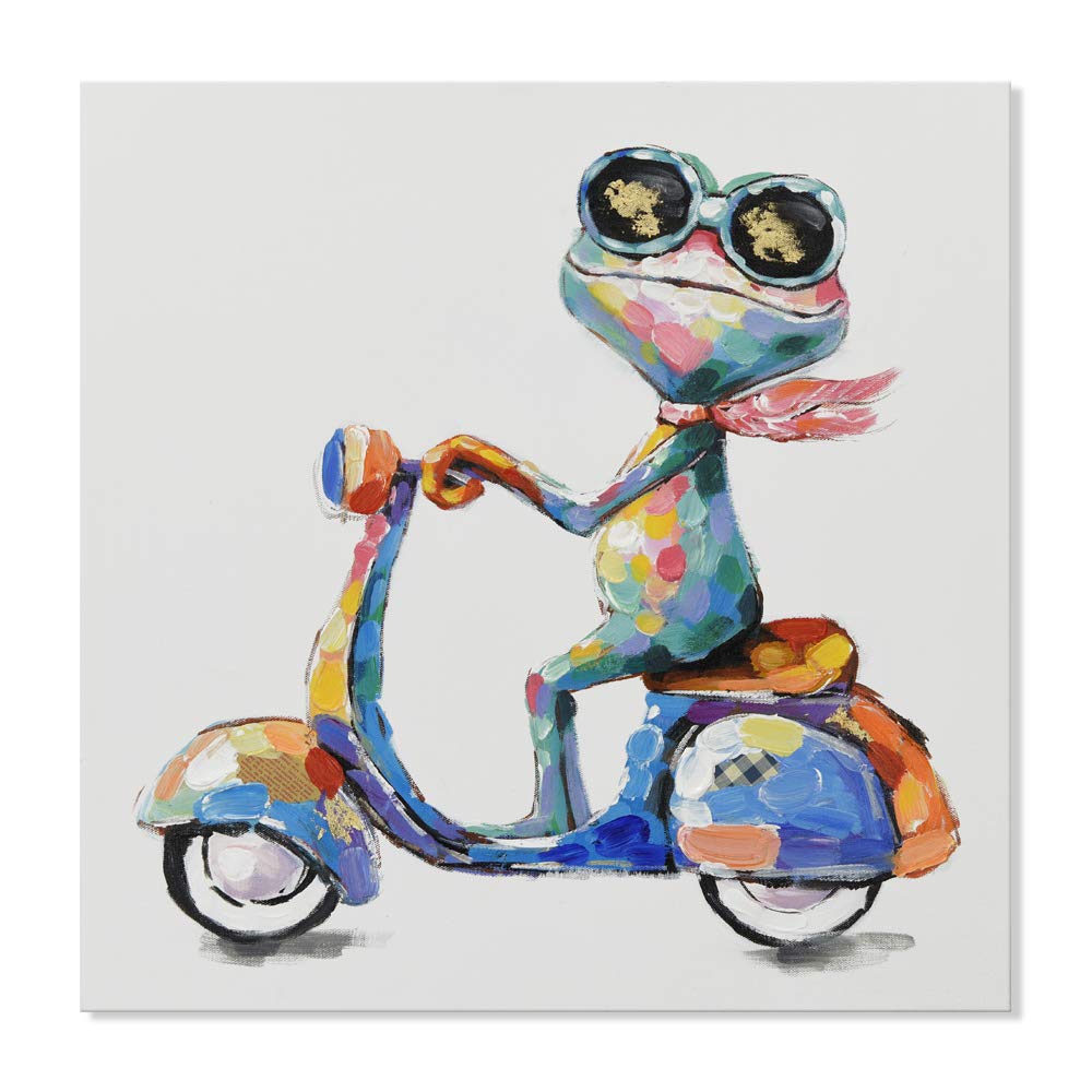 JAPO ART Funny Frog Riding Motorcycle Hand Painted Oil Painting - 40x40 Inch Stretched Canvas Wall Art for Kids Room, Bedroom & Living Room Decor - Ready to Hang Gift for Animal Lovers & Unique Home Decor