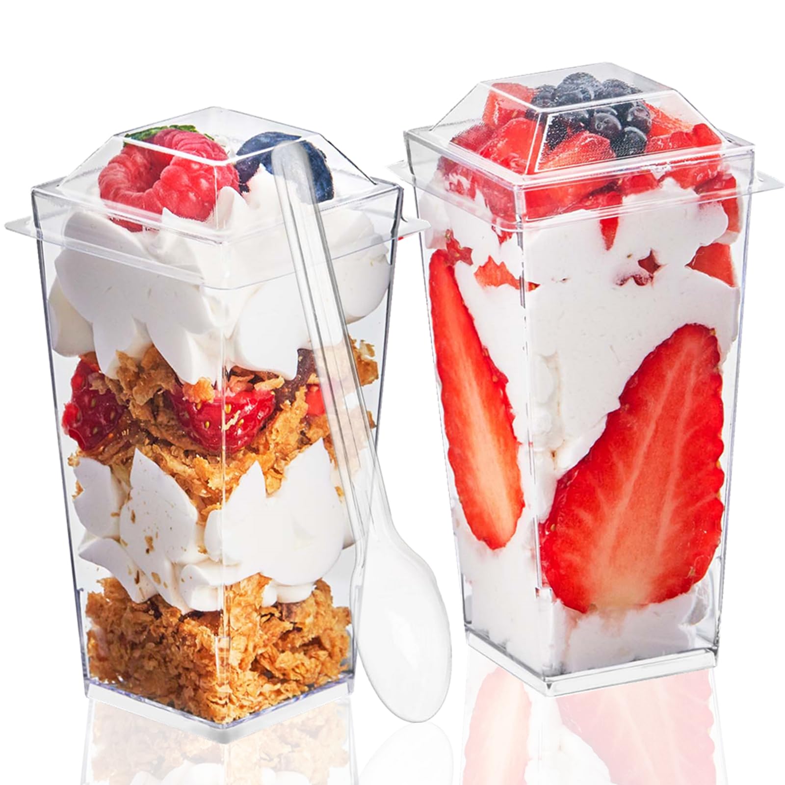 TOFLEN 50 Pack 3 oz Clear Plastic Square Mini Dessert Cups with Lids & Spoons - Perfect for Party, Yogurt, Parfait, Cheesecake, Pudding, Jello & Appetizers | Great for Catering, Wedding Favors, Baby Showers & Dessert Bars