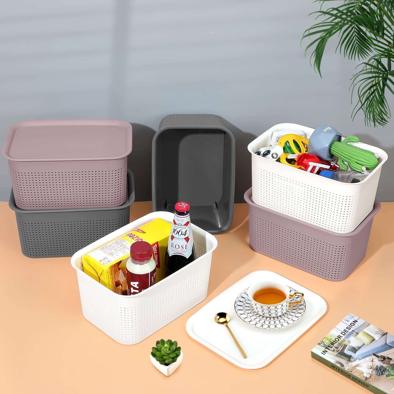 AREYZIN 6-Pack Plastic Storage Bins with Lids - Organize Shelves, Closet & Office (Purple)