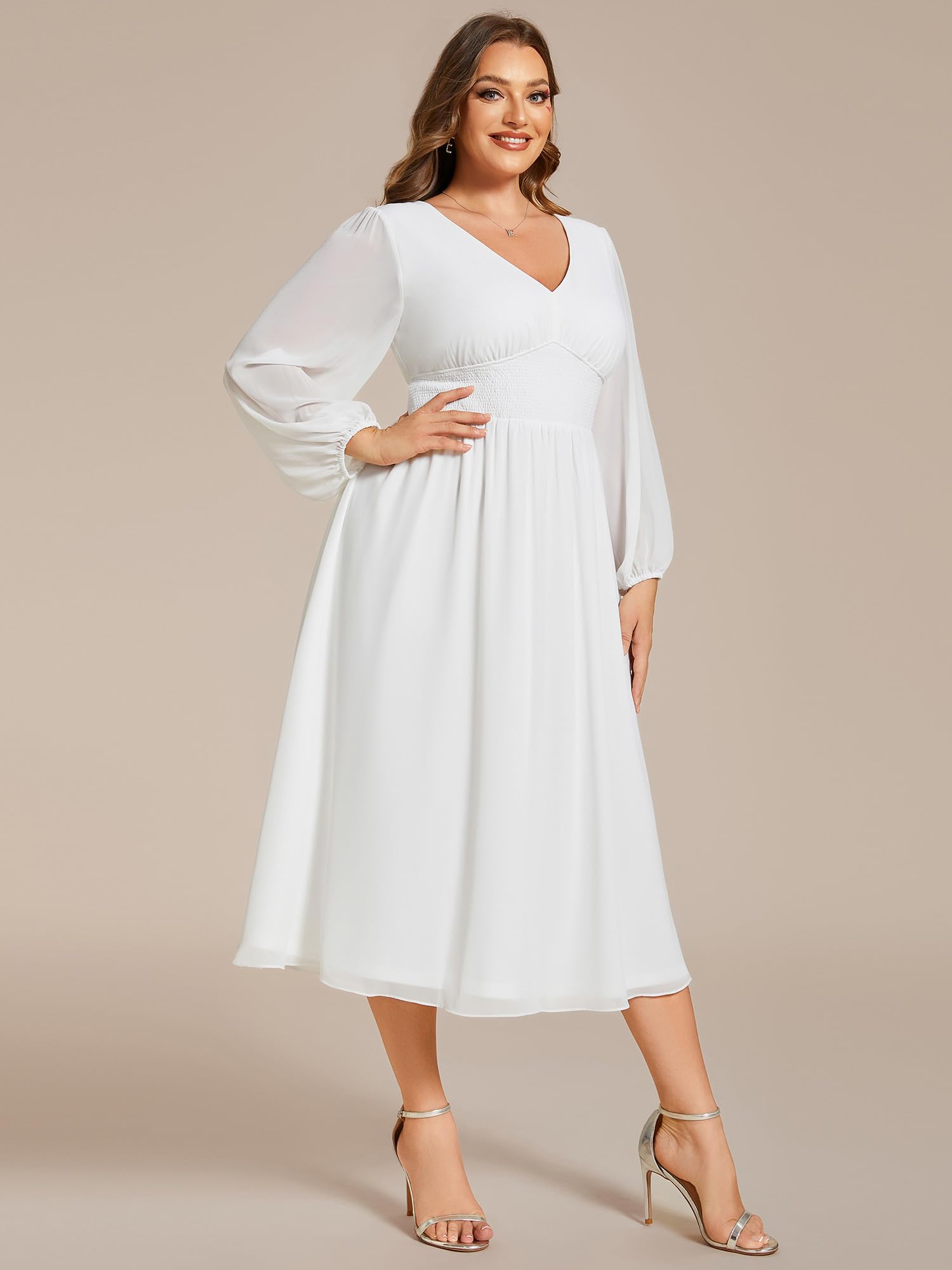 Ever-Pretty Women's Plus Size A-Line V-Neck Lantern Sleeve Midi Formal Dress for Curvy Women 01929-DA - Perfect for Weddings, Parties & Special Occasions